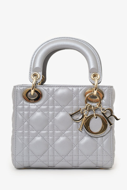 Christian Dior 2019 Grey Leather Cannage Mini Lady Dior with Strap