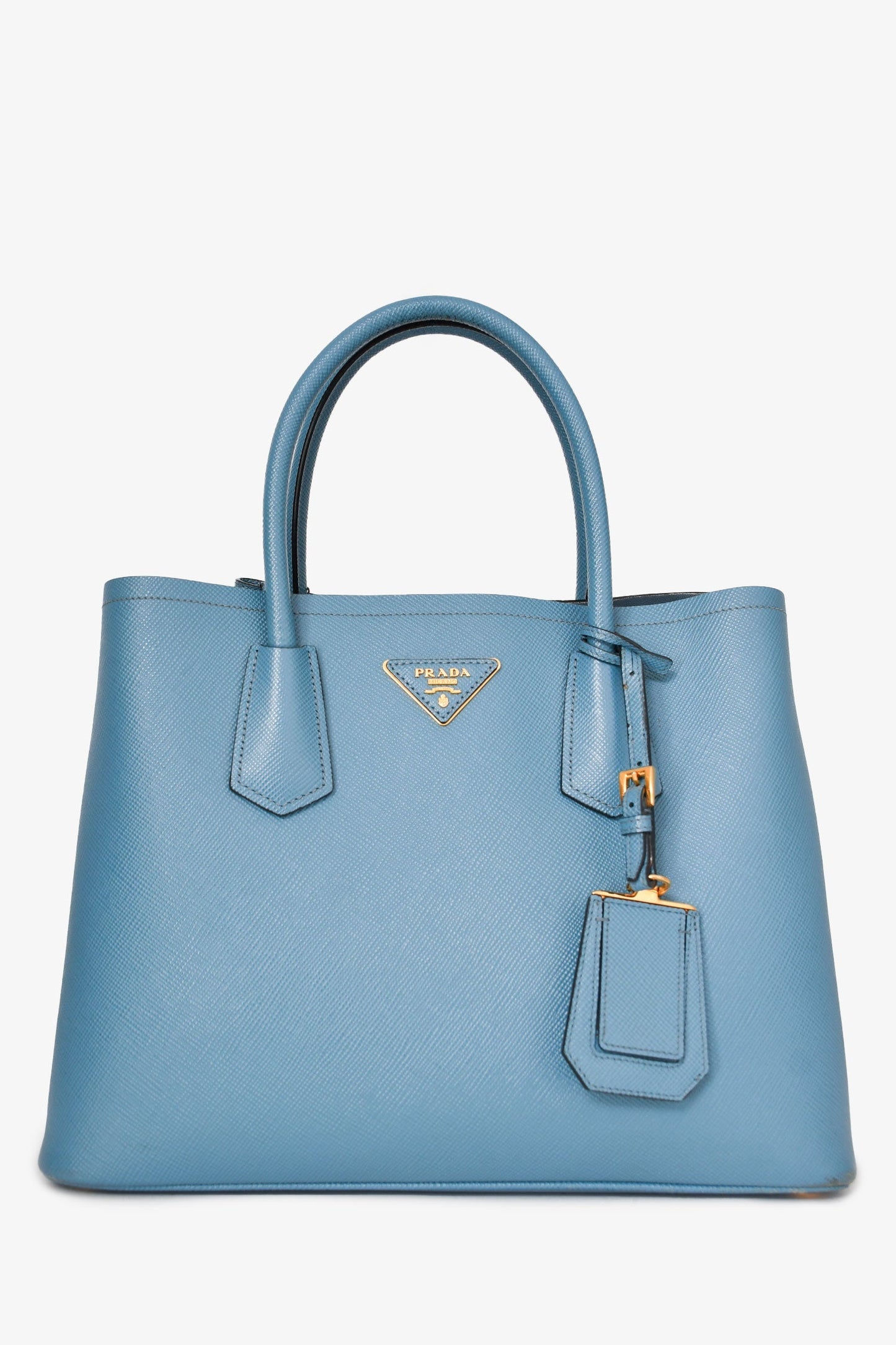 Prada Blue Saffiano Leather Double top Handle Bag with Strap