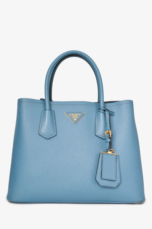 Prada Blue Saffiano Leather Double top Handle Bag with Strap