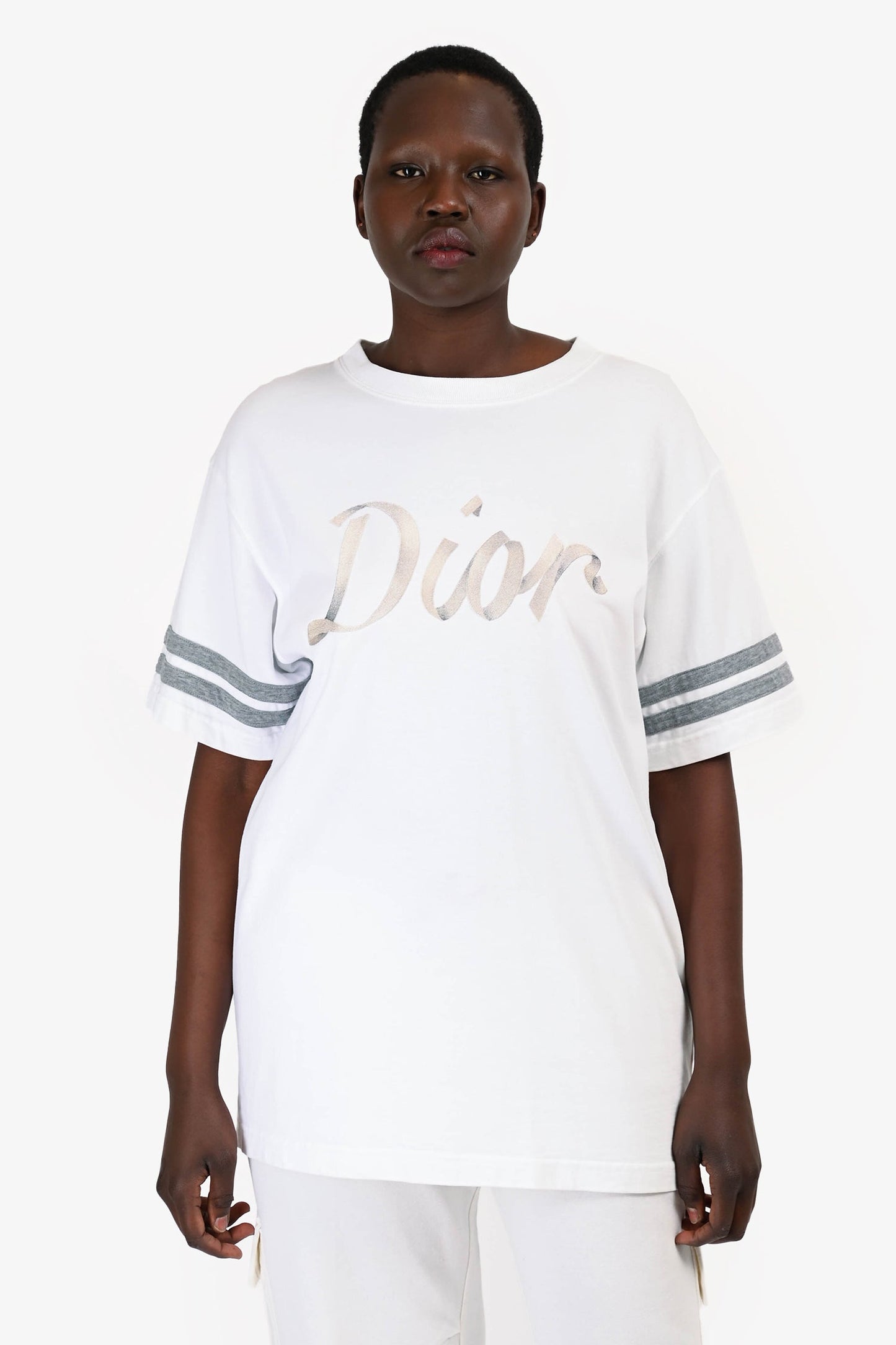 Christian Dior 2022 White/Grey Embroidered Ribbon Logo T-Shirt Size L Mens