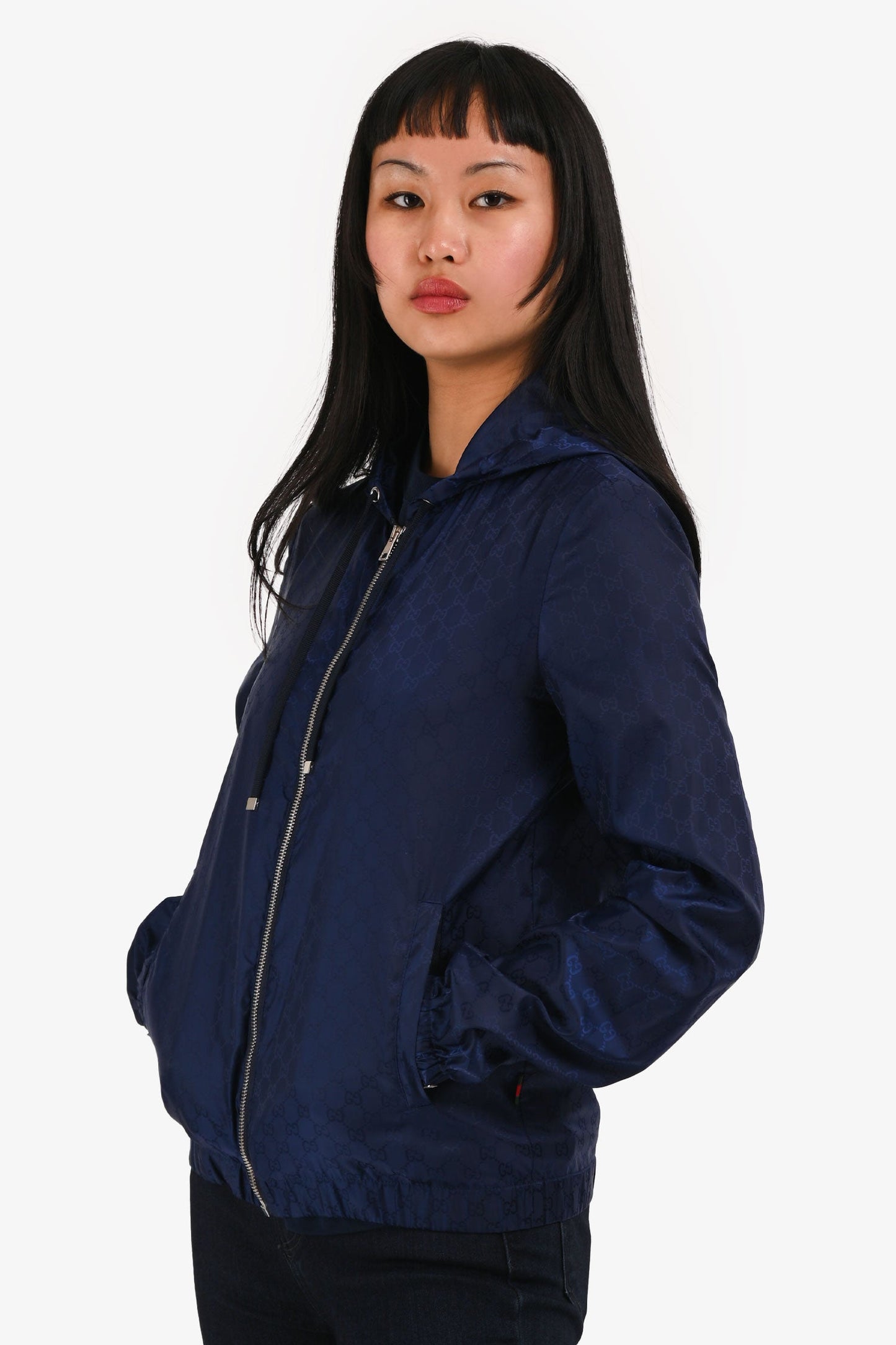 Gucci Vintage Blue GG Monogram Nylon Zip-Up Windbreaker Hooded Jacket Size S