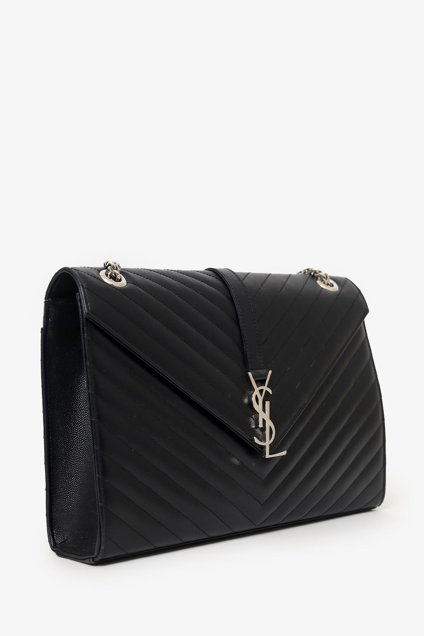 Saint Laurent Black Chevron Leather Large Envelope Bag