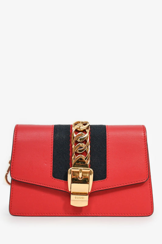 Gucci Red Leather Small Sylvie Bag on Chain