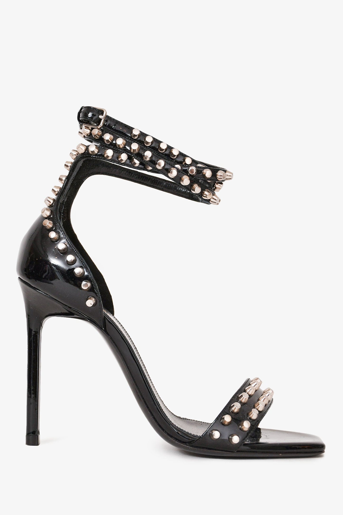 Saint Laurent Black Patent Leather Studded Sandal Heels Size 35