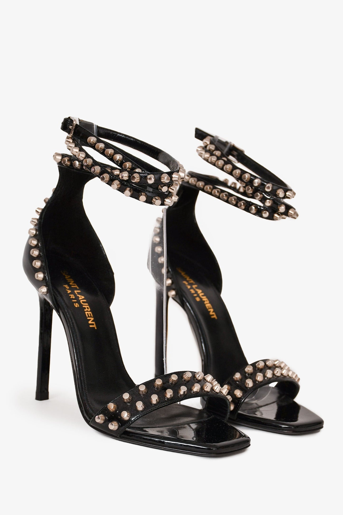 Saint Laurent Black Patent Leather Studded Sandal Heels Size 35