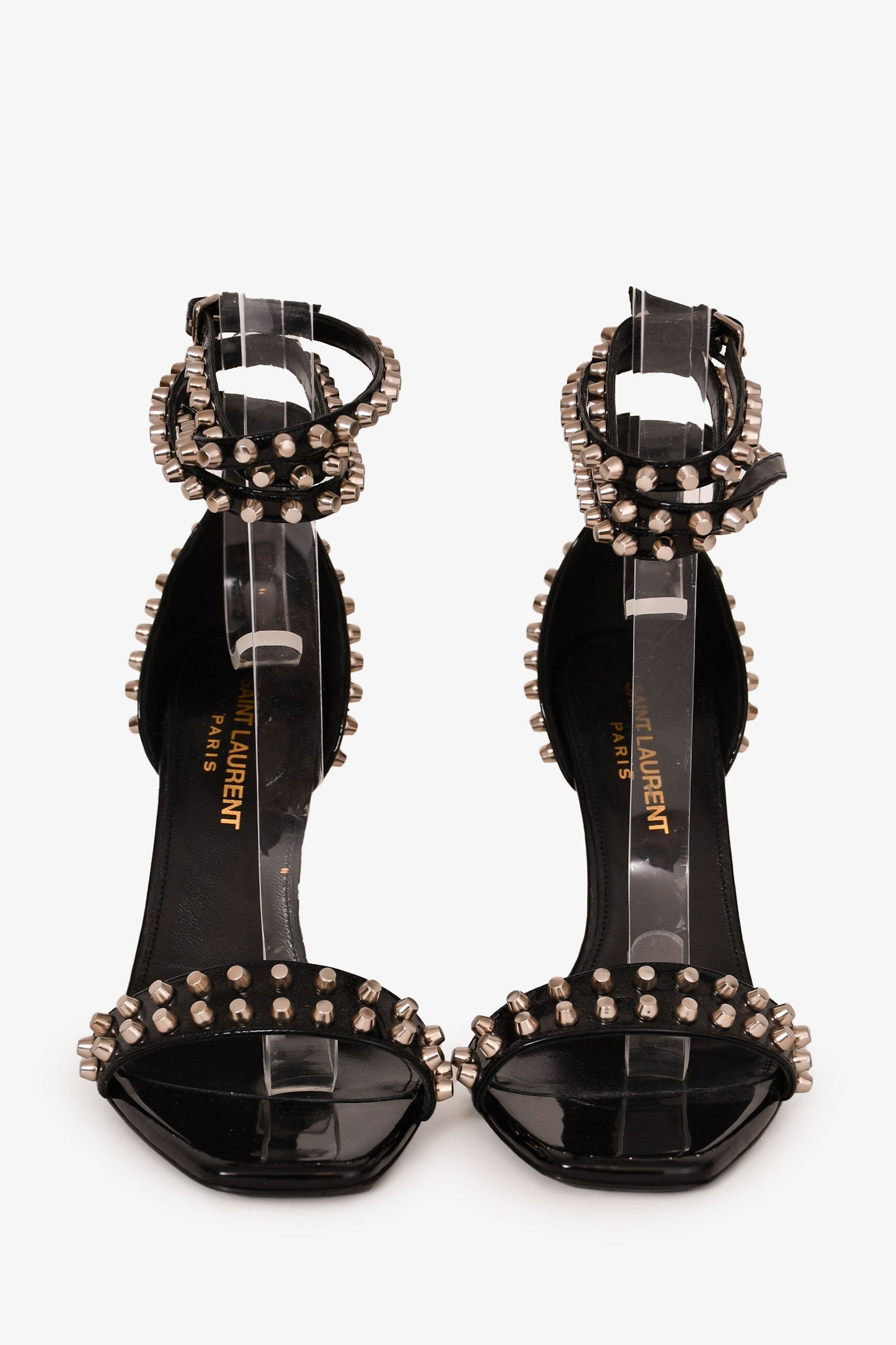 Saint Laurent Black Patent Leather Studded Sandal Heels Size 35