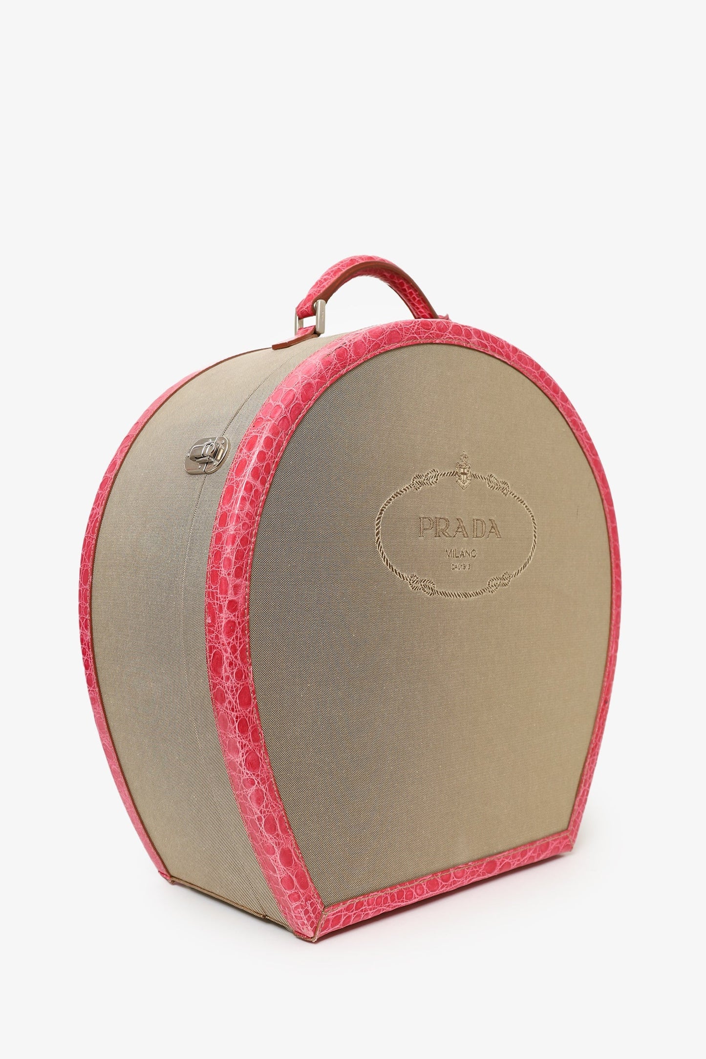 Prada Beige Canvas Pink Crocodile Trim Hat Box