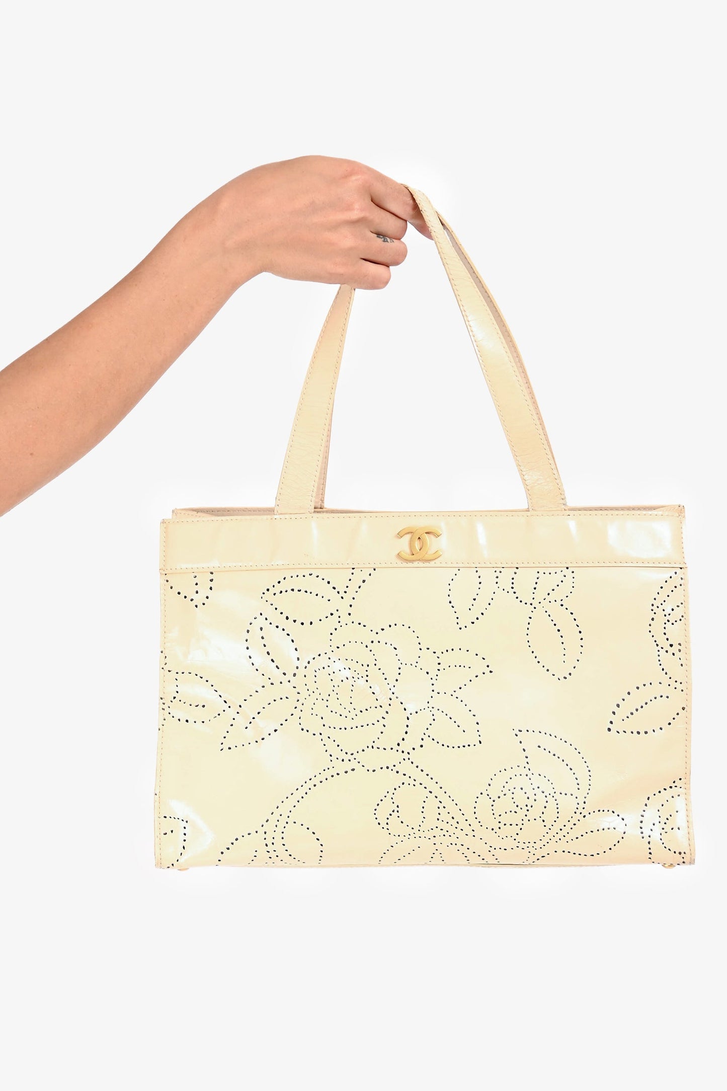 Chanel™ Cream Camellia Patent Perforated Tote