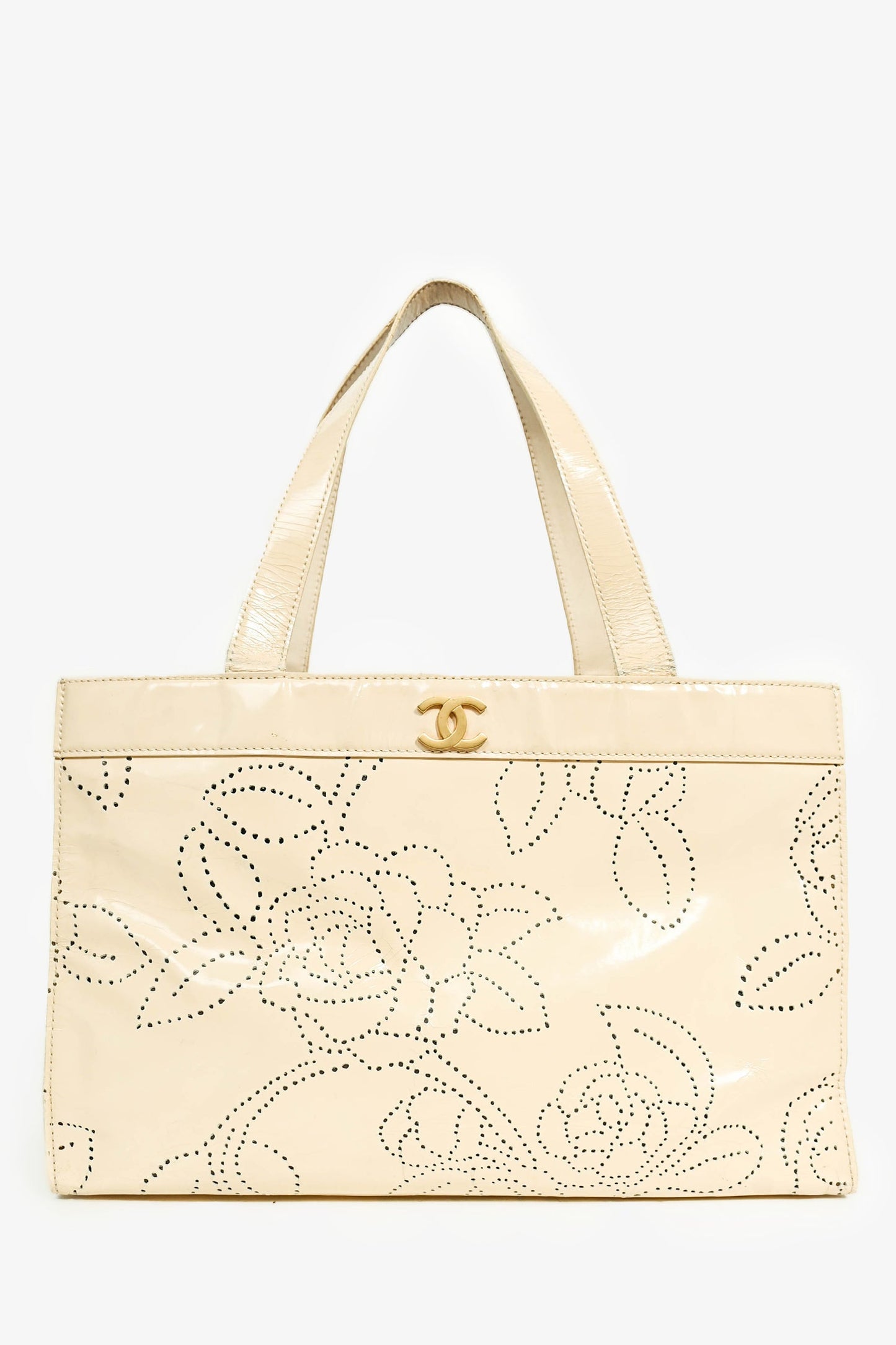 Chanel™ Cream Camellia Patent Perforated Tote