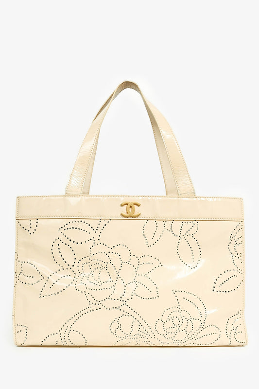 Chanel™ Cream Camellia Patent Perforated Tote