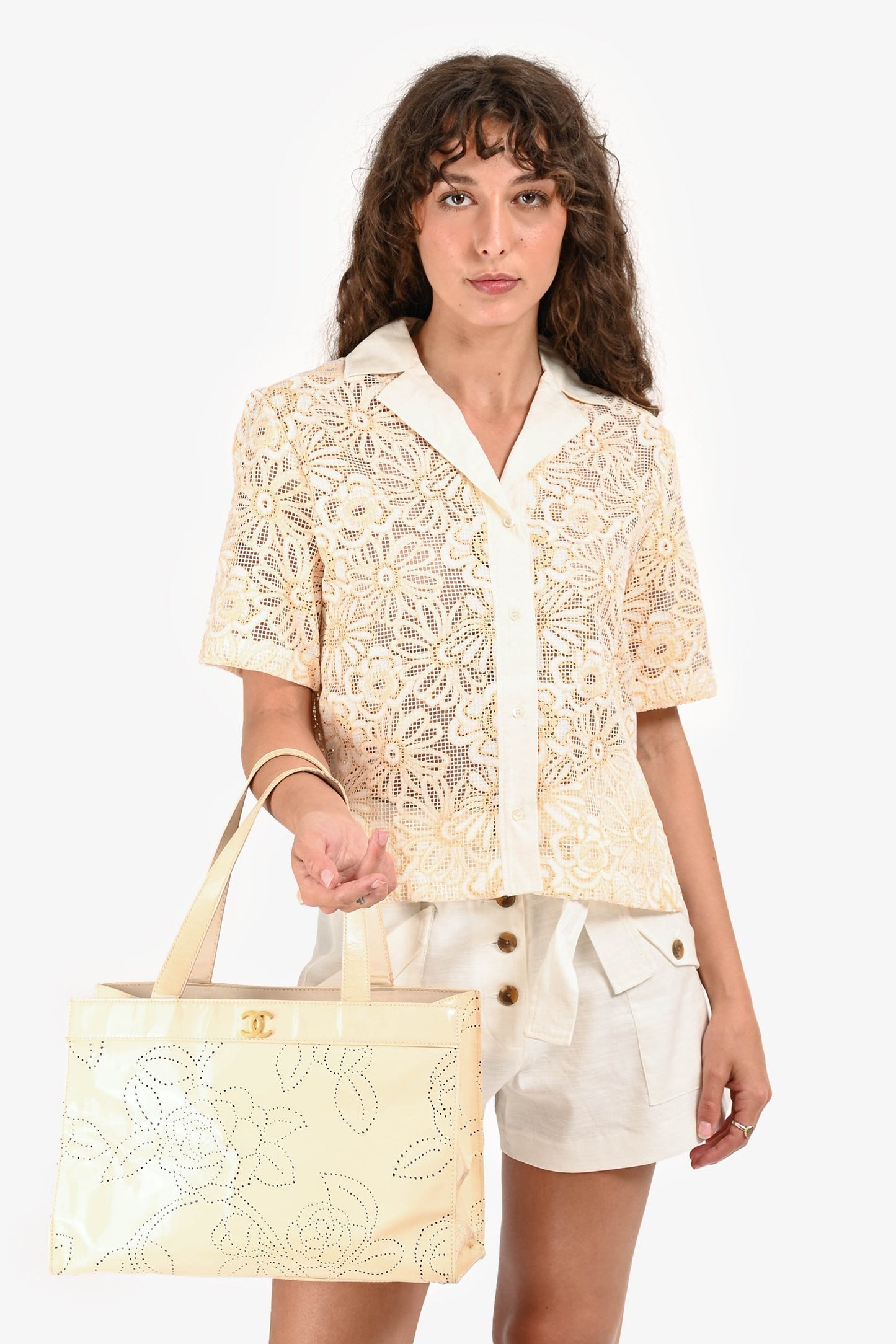Chanel™ Cream Camellia Patent Perforated Tote