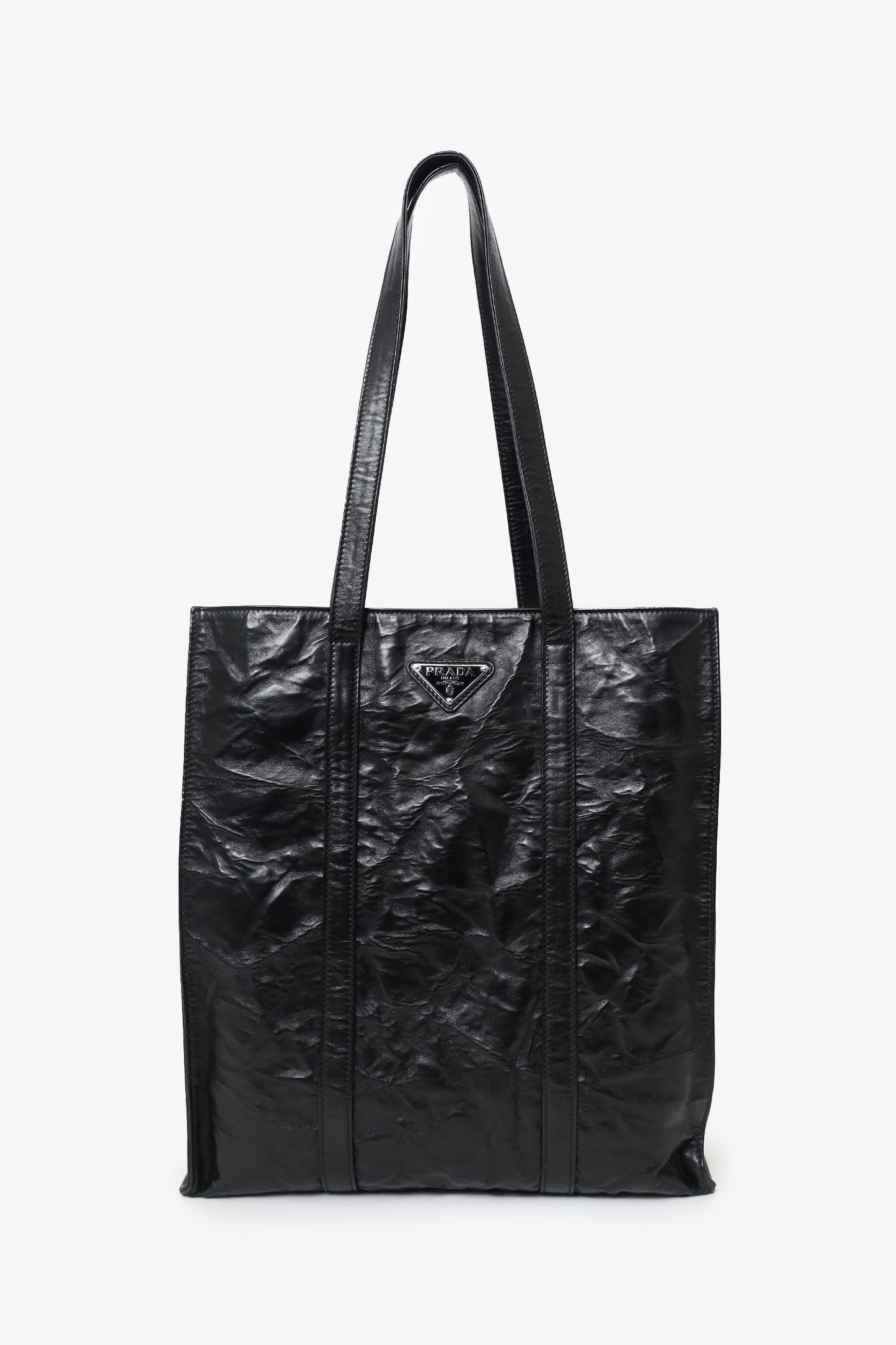 Prada Black Crinkle Nappa Leather Small Tote Bag