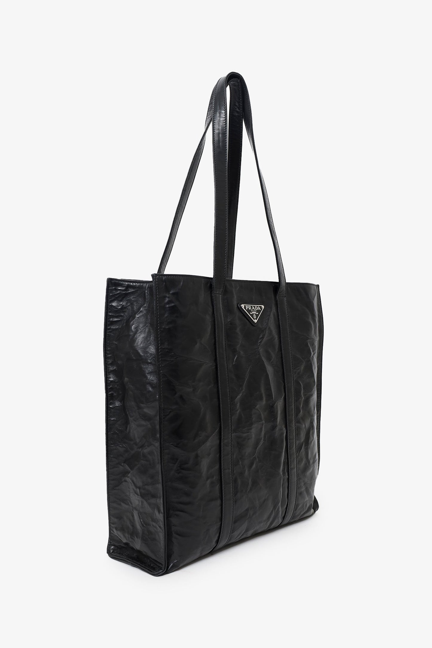 Prada Black Crinkle Nappa Leather Small Tote Bag