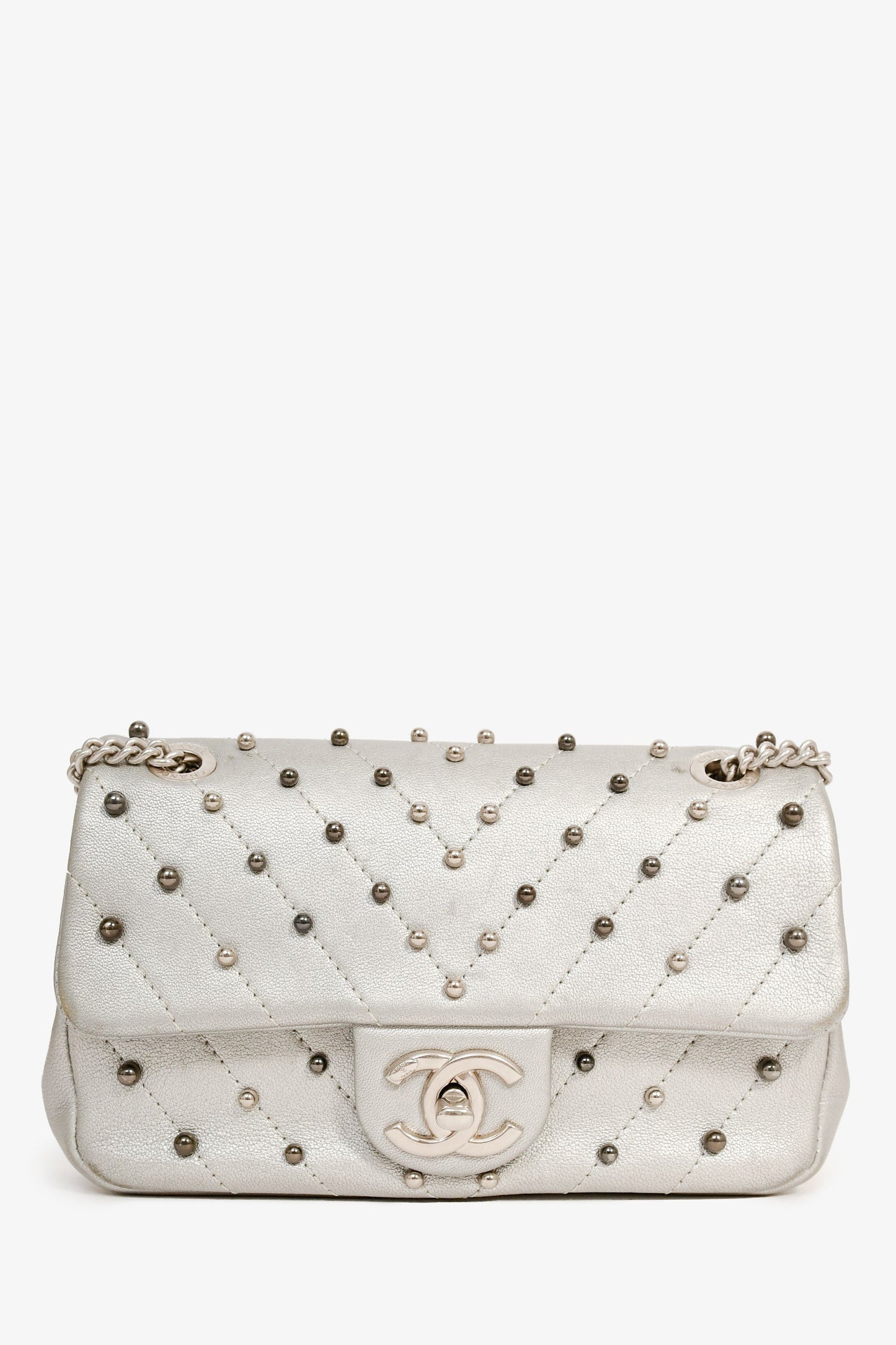 Chanel™ 2017 Silver Chevron 'Stud Wars Mini Rectangular Flap' Shoulder Bag