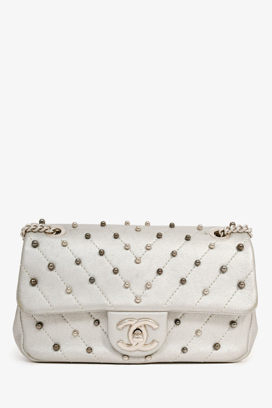 Chanel™ 2017 Silver Chevron 'Stud Wars Mini Rectangular Flap' Shoulder Bag