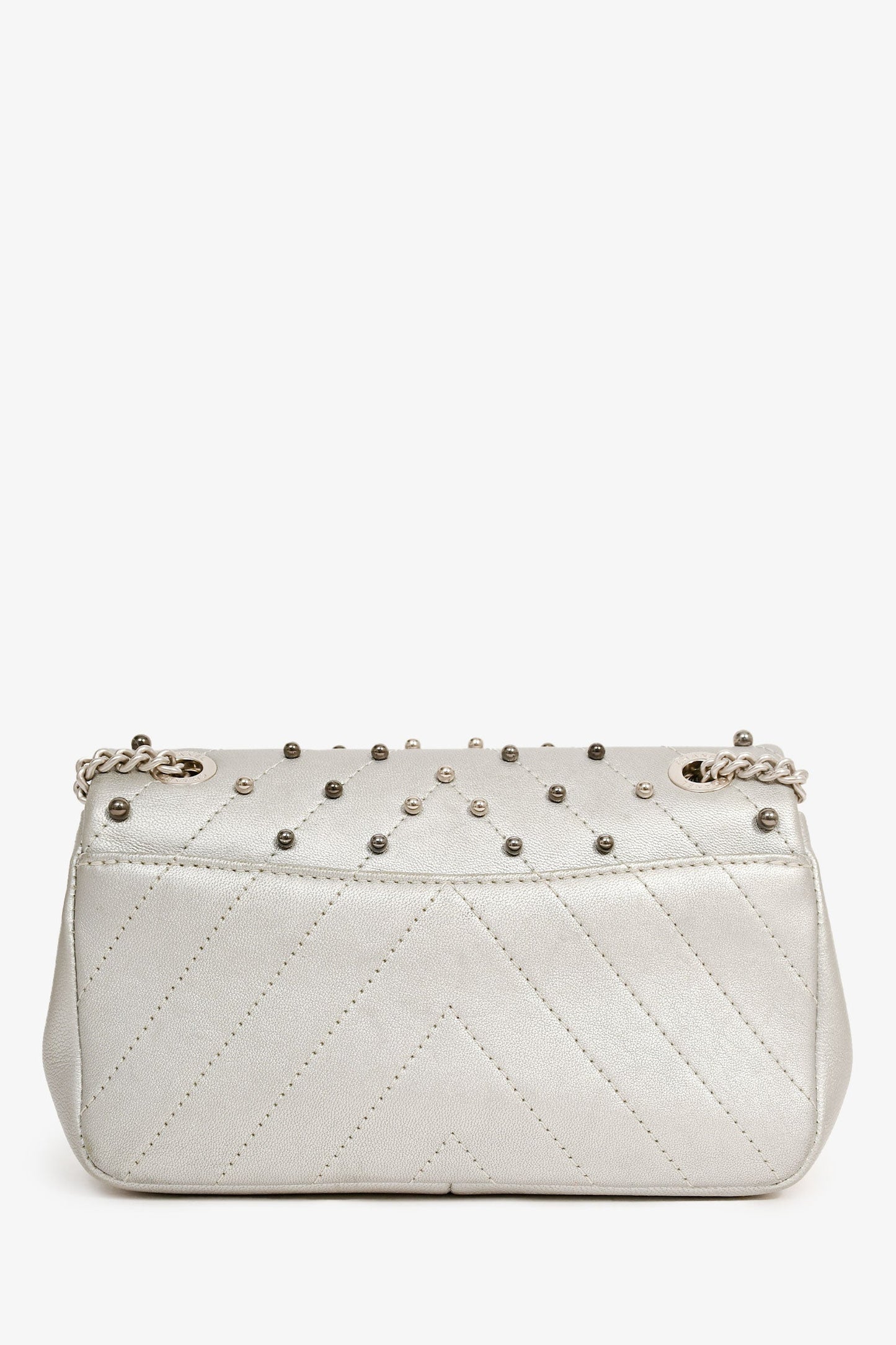 Chanel™ 2017 Silver Chevron 'Stud Wars Mini Rectangular Flap' Shoulder Bag