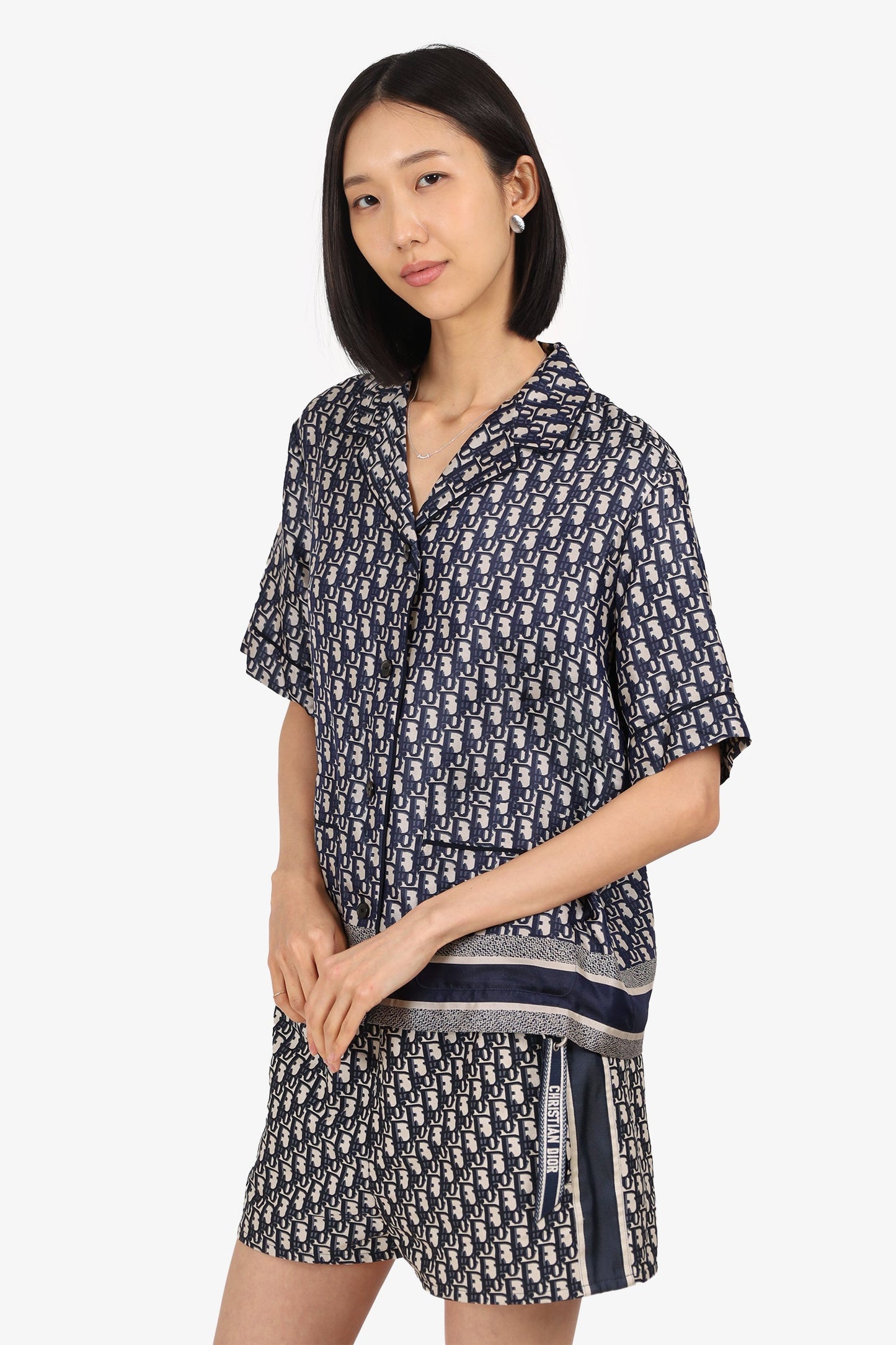 Christian Dior Navy/White Oblique Silk Short Sleeve Shirt Size 8