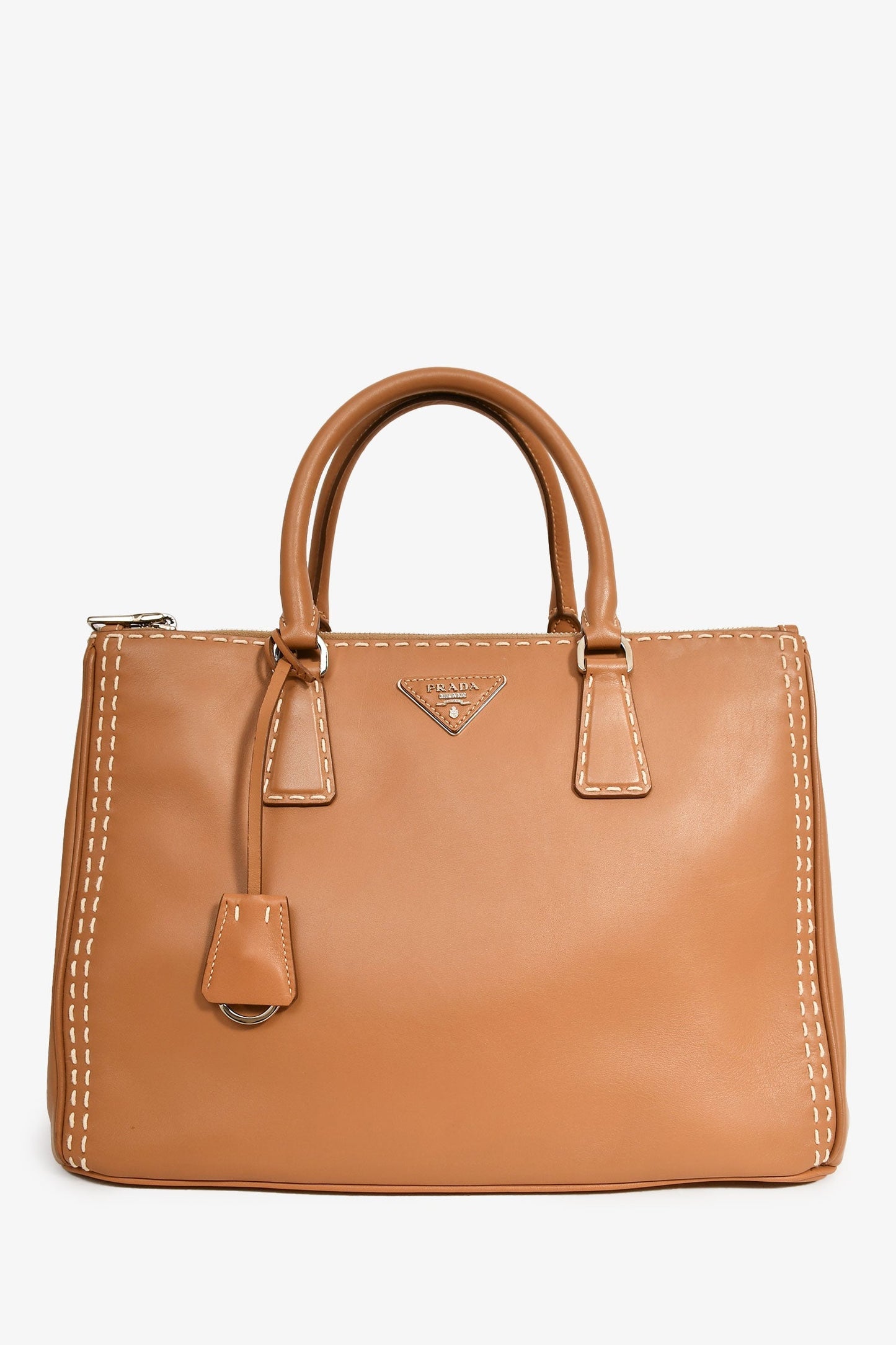 Prada Brown Leather White Stitch Double Zip 'Galleria' Top Handle with Strap