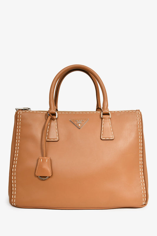 Prada Brown Leather White Stitch Double Zip 'Galleria' Top Handle with Strap