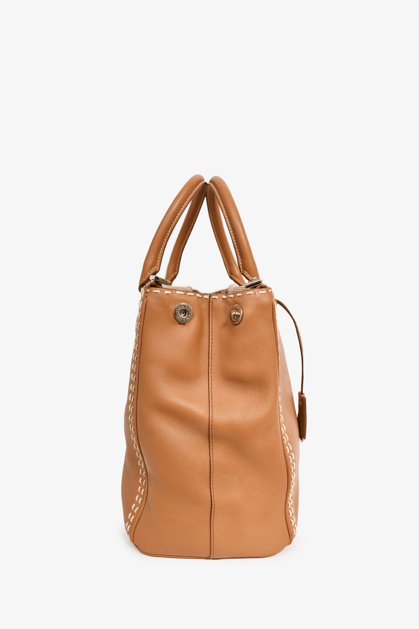 Prada Brown Leather White Stitch Double Zip 'Galleria' Top Handle with Strap