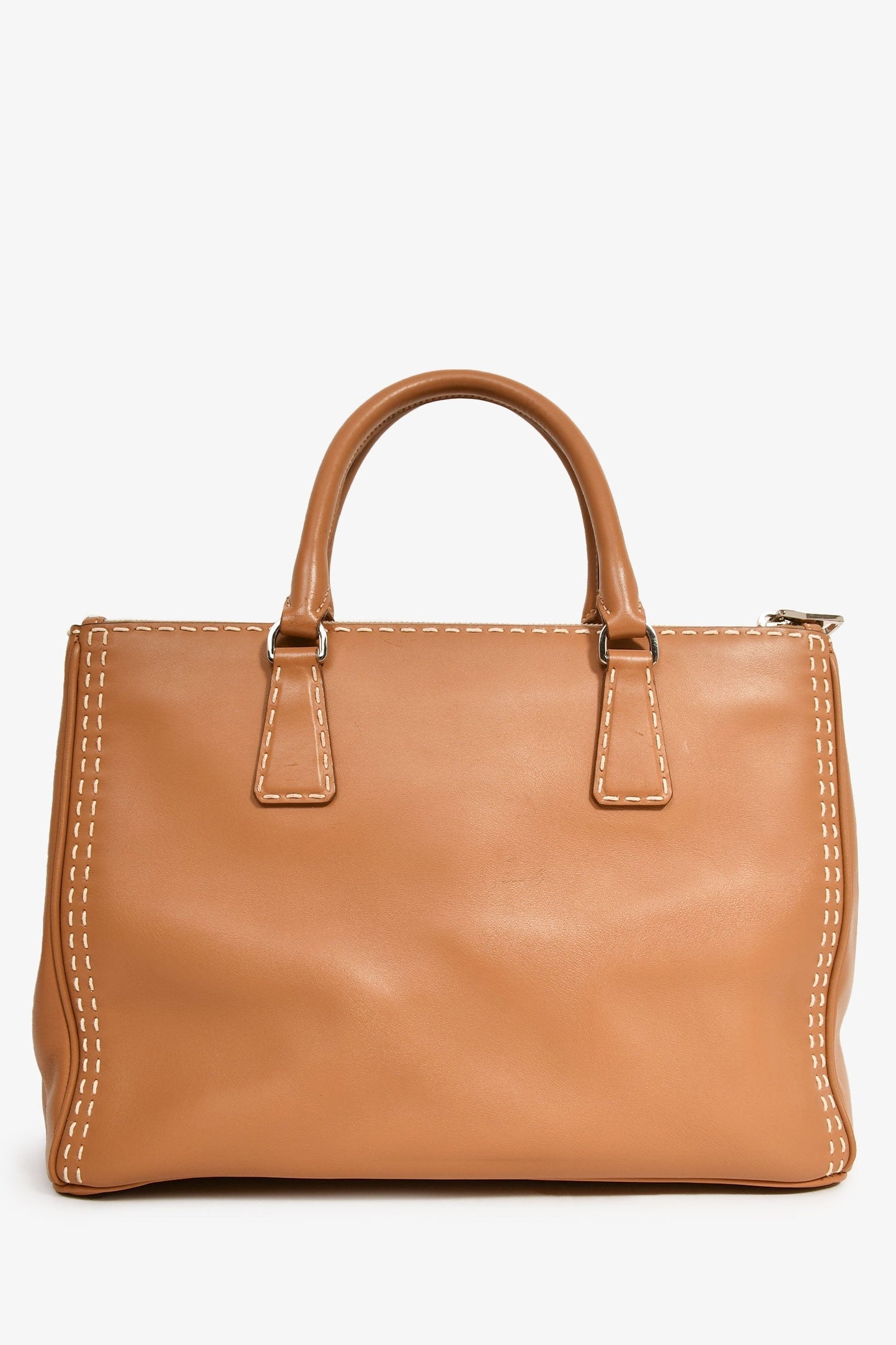 Prada Brown Leather White Stitch Double Zip 'Galleria' Top Handle with Strap