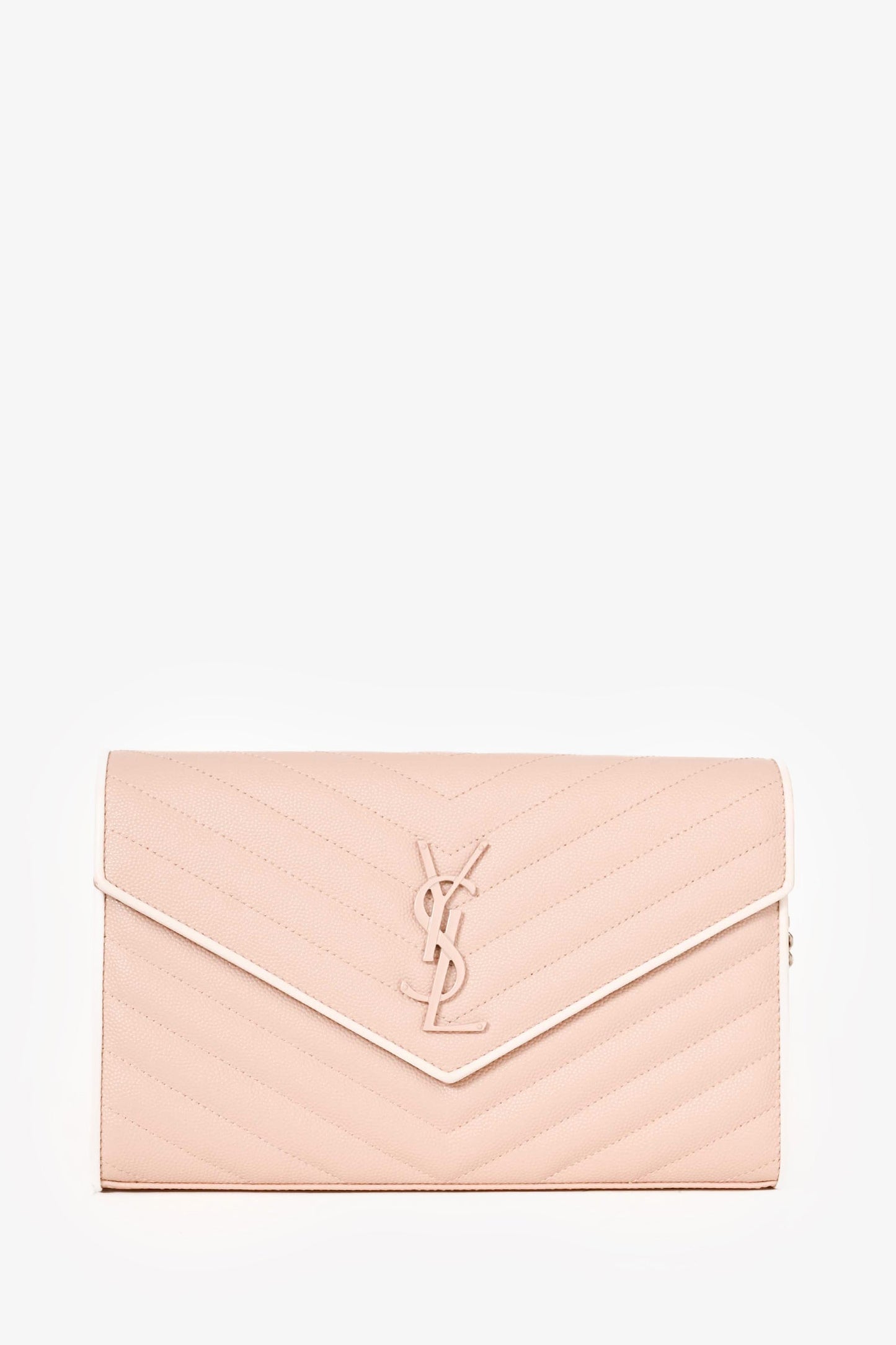 Saint Laurent Blush/White Trim Leather Chevron Wallet on Chain