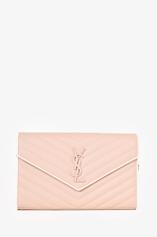 Saint Laurent Blush/White Trim Leather Chevron Wallet on Chain