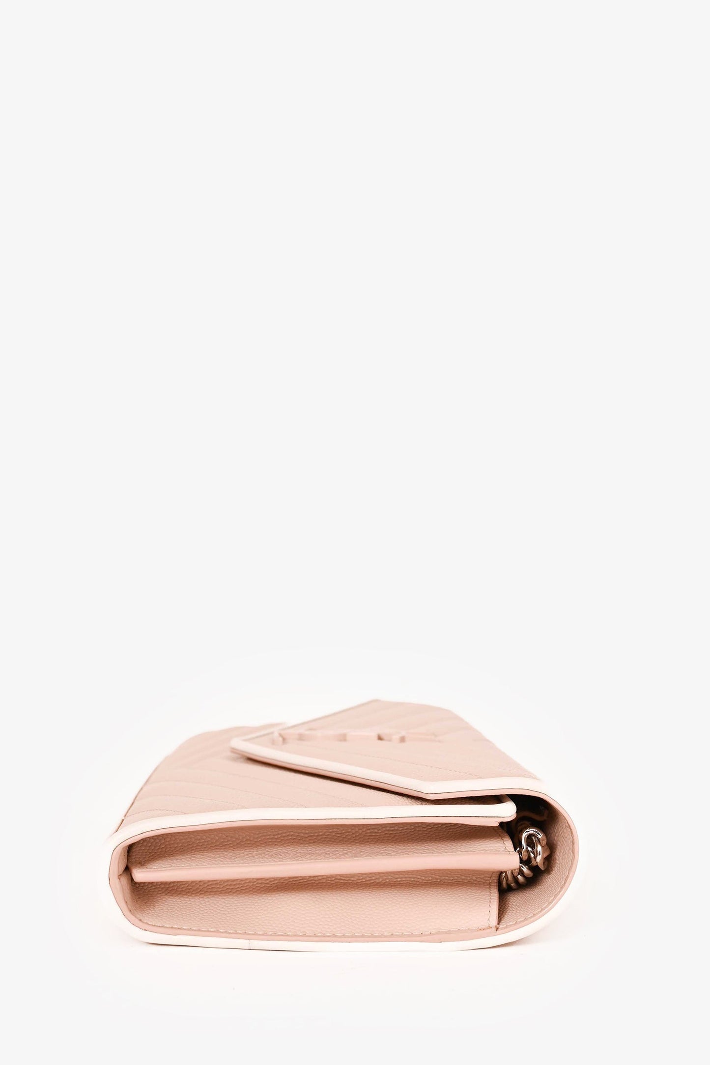 Saint Laurent Blush/White Trim Leather Chevron Wallet on Chain