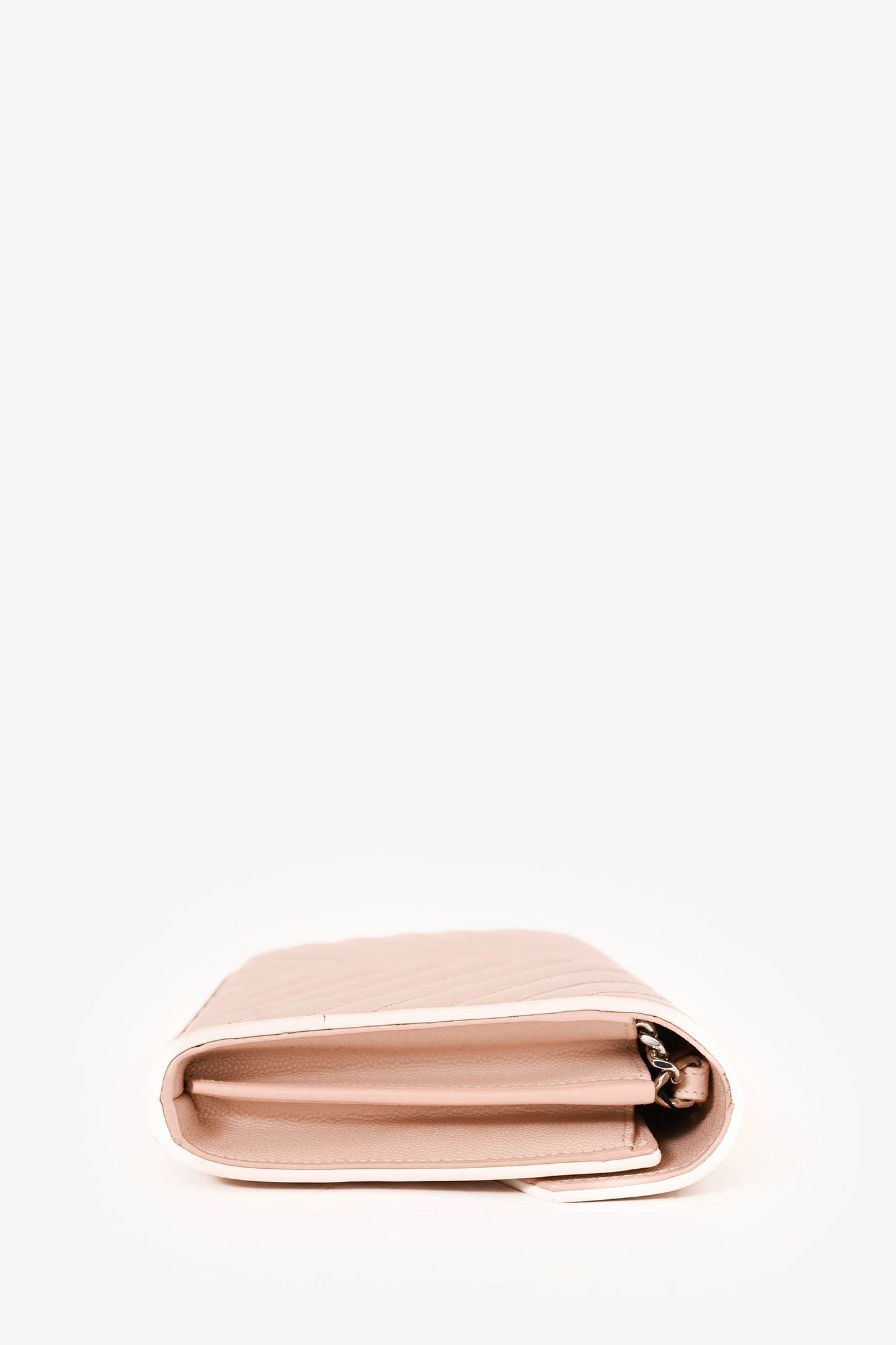 Saint Laurent Blush/White Trim Leather Chevron Wallet on Chain