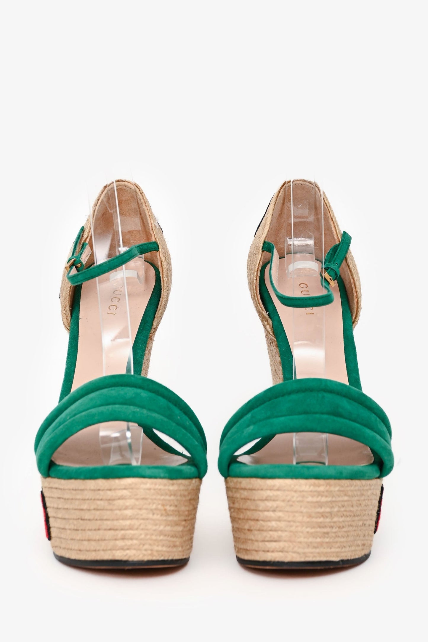 Gucci Teal Suede Raffia Embroidered Floral Wedges Size 38.5