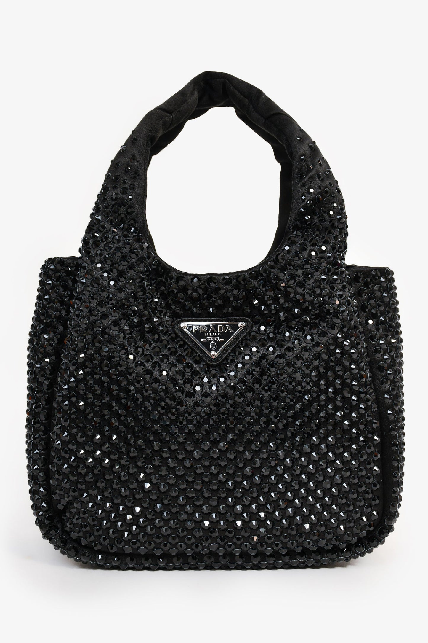 Prada 2024 Holiday Black Satin Crystal Top Handle Mini Tote Bag