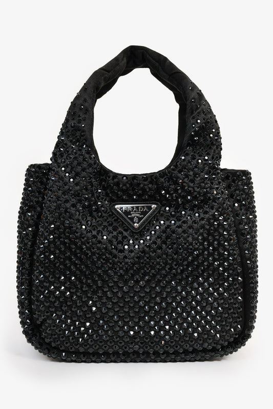 Prada 2024 Holiday Black Satin Crystal Top Handle Mini Tote Bag