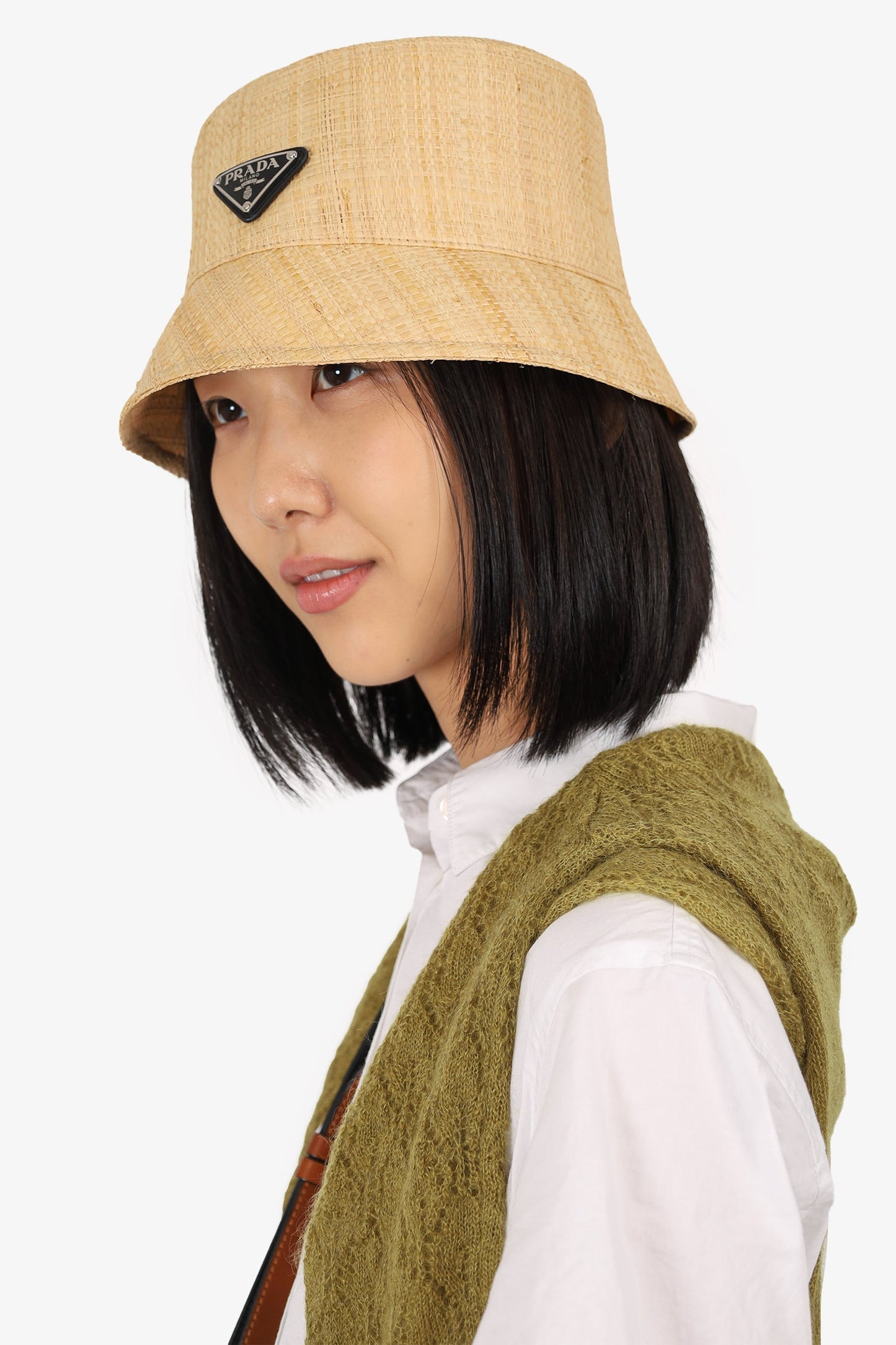 Prada Beige Straw Triangle Logo Bucket Hat Size S