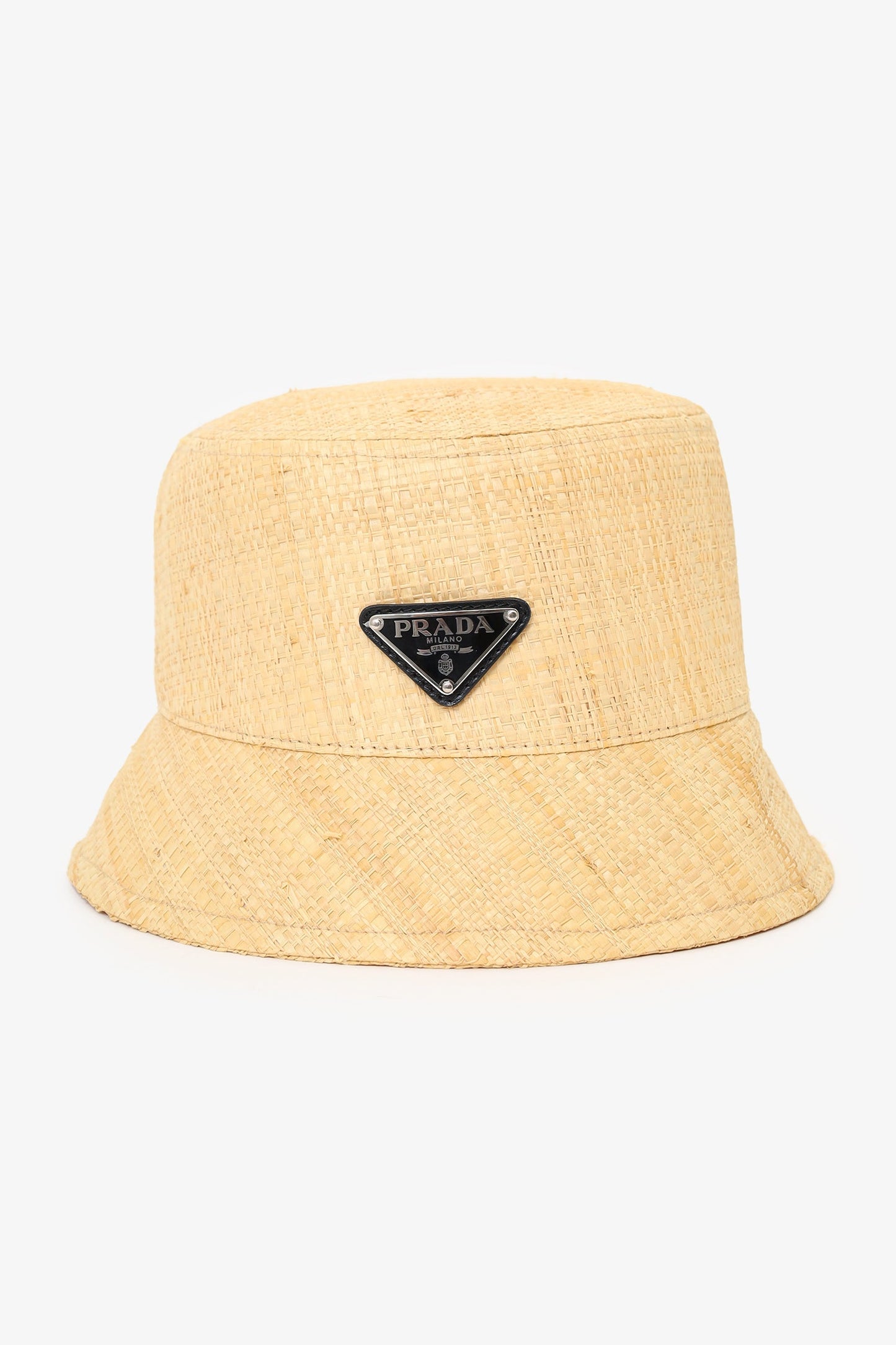 Prada Beige Straw Triangle Logo Bucket Hat Size S