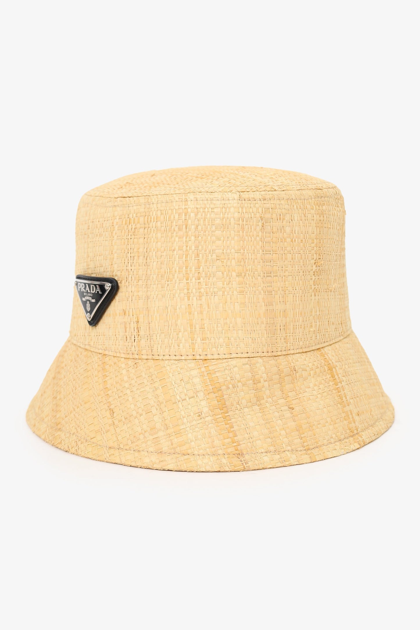 Prada Beige Straw Triangle Logo Bucket Hat Size S