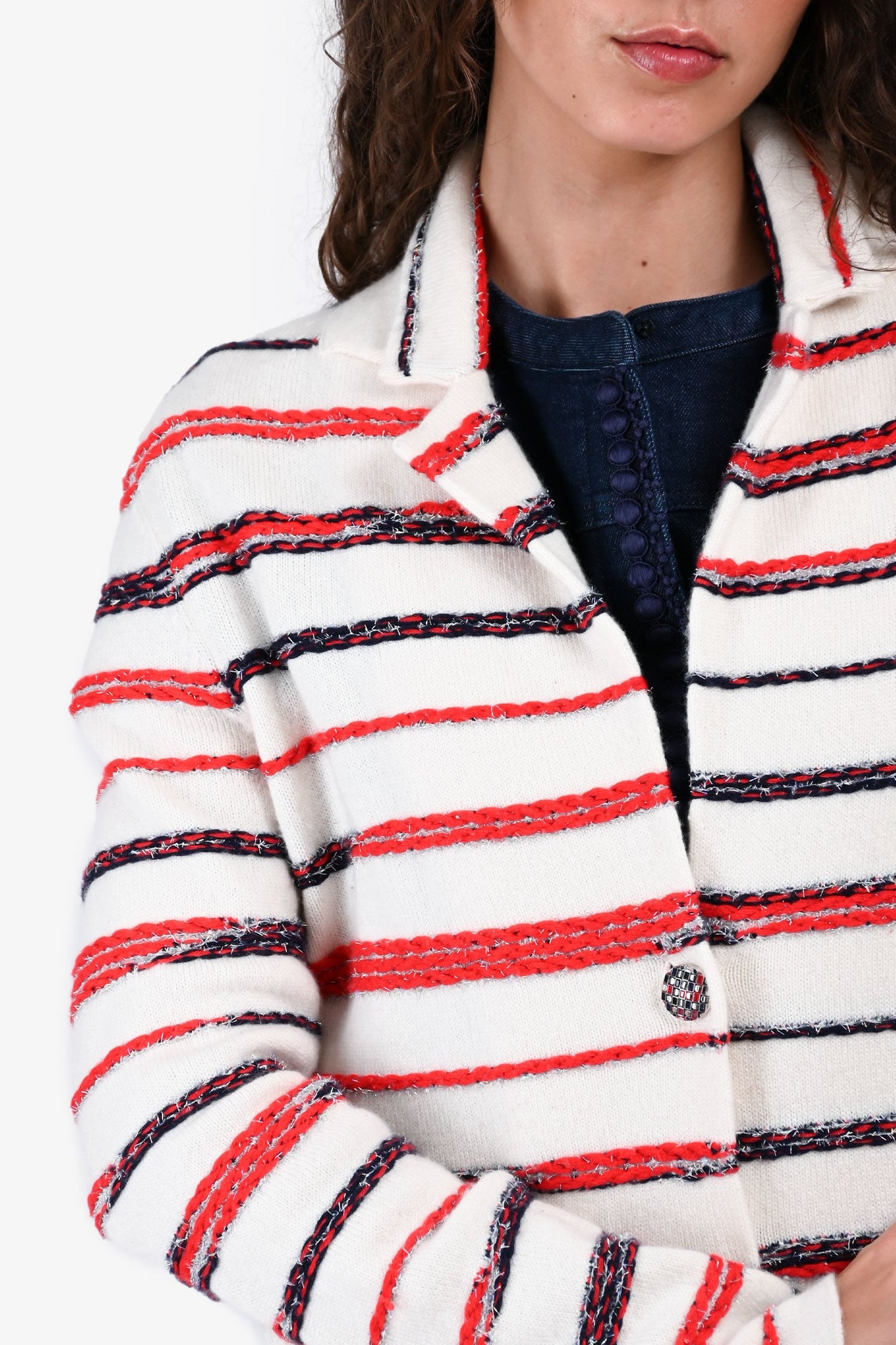 Chanel 2020 White/Red Striped Cashmere Cardigan sz 40