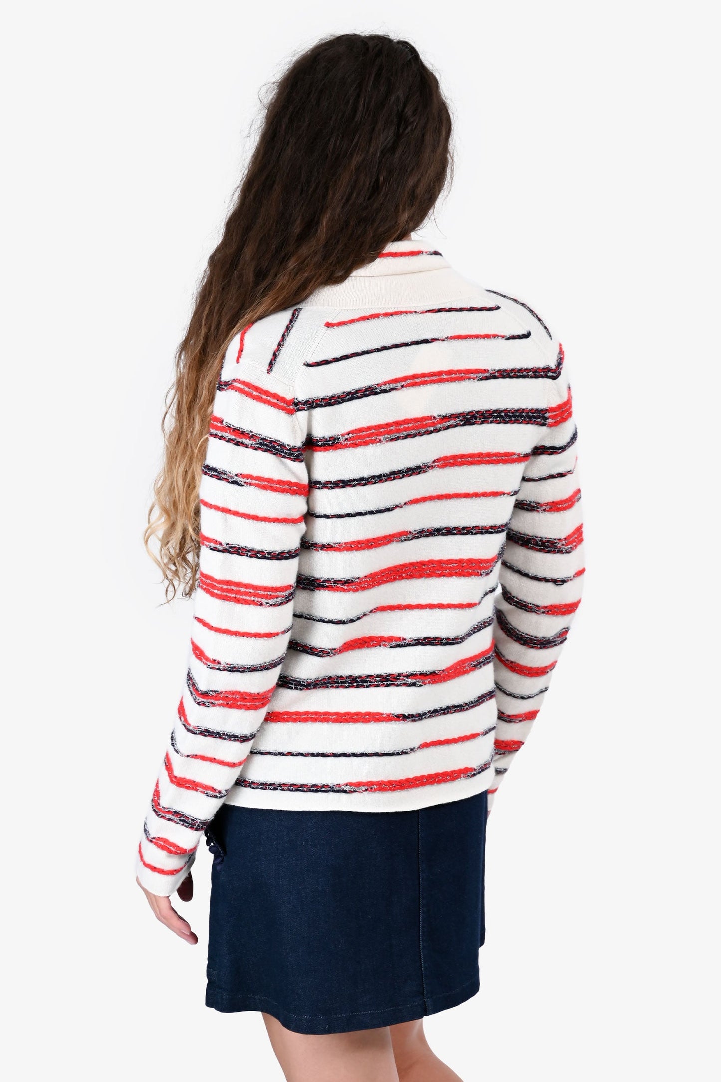 Chanel 2020 White/Red Striped Cashmere Cardigan sz 40