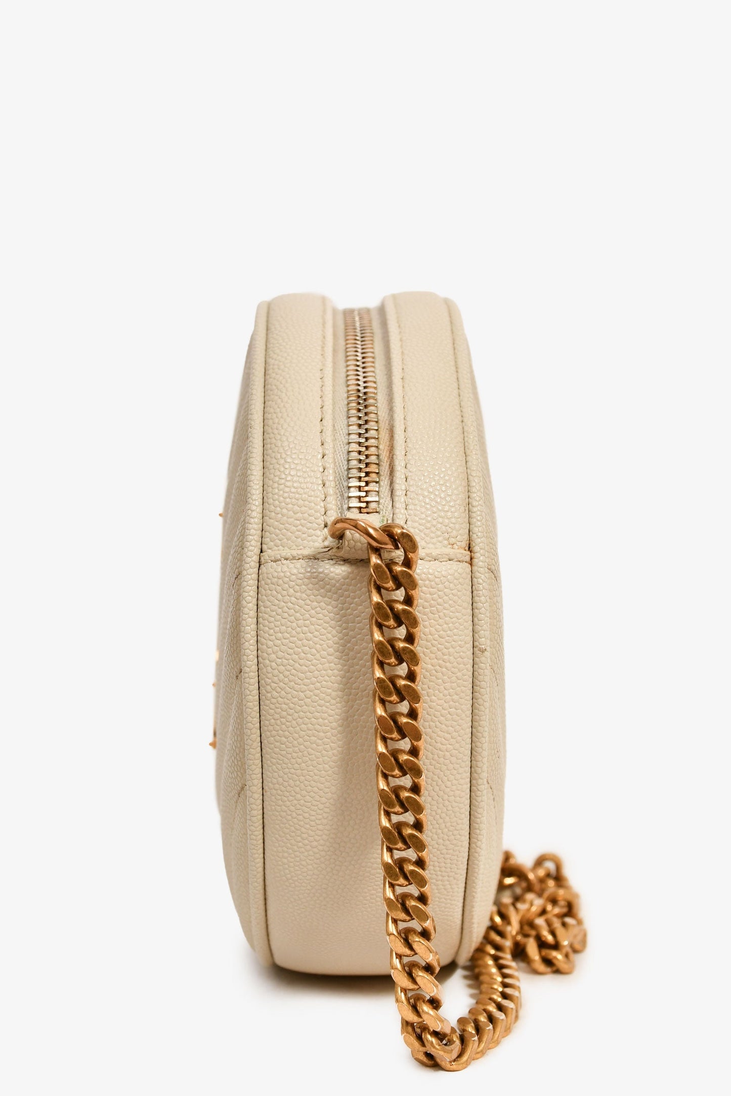Saint Laurent Cream Leather Matelassé Round Crossbody Chain Bag