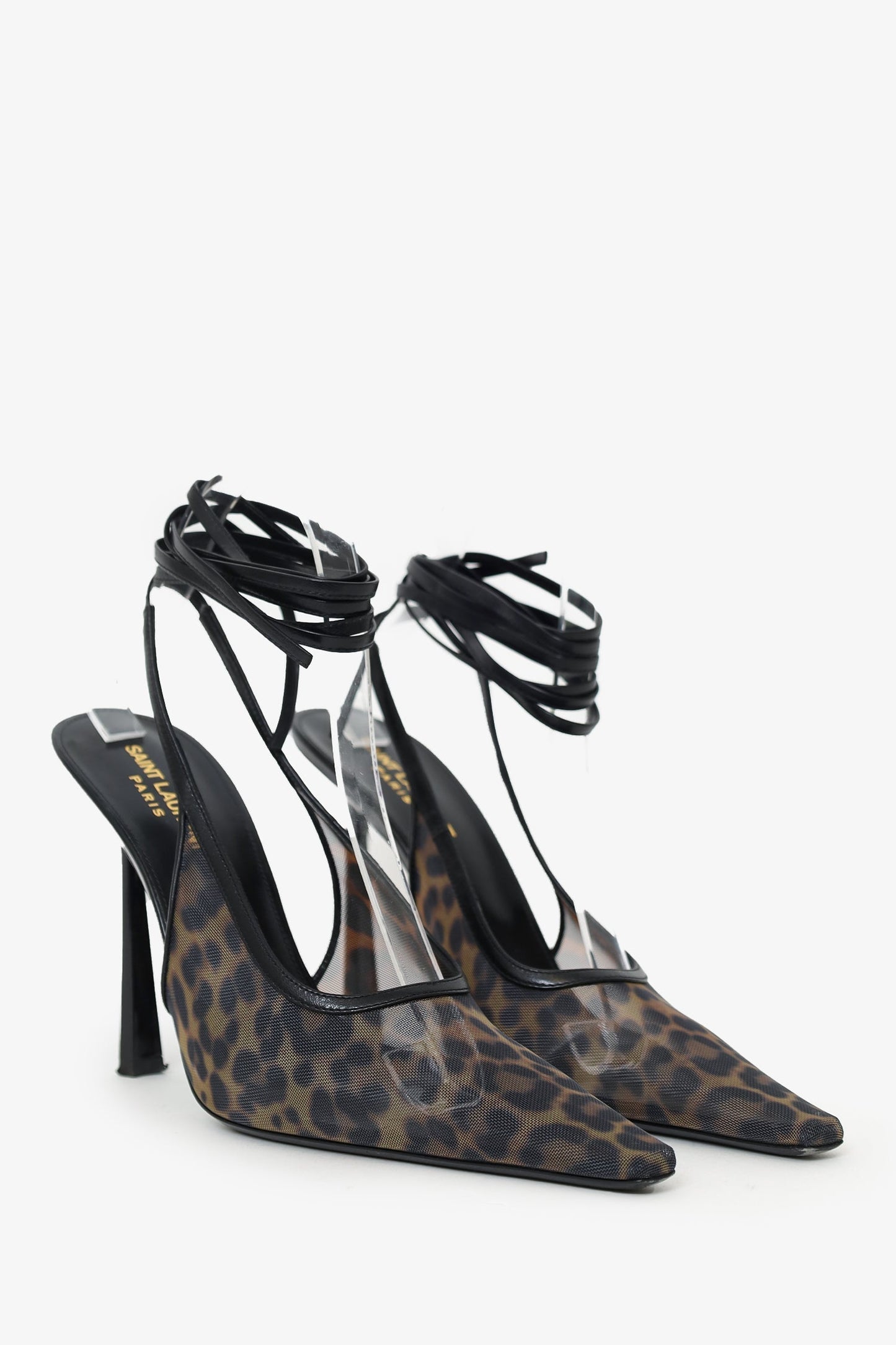 Saint Laurent Black/Leopard Print Leather Mesh Oxalis Slingback Pumps Size 40.5