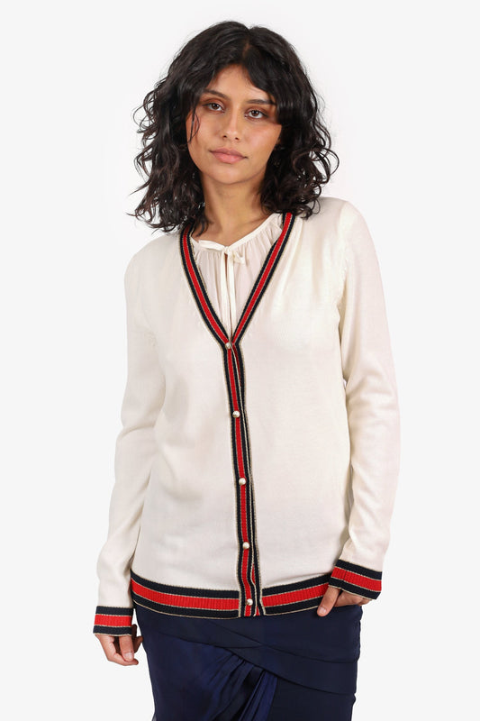 Gucci Cream/Red/Gold Trim Wool Pearl Button Cardigan Size M