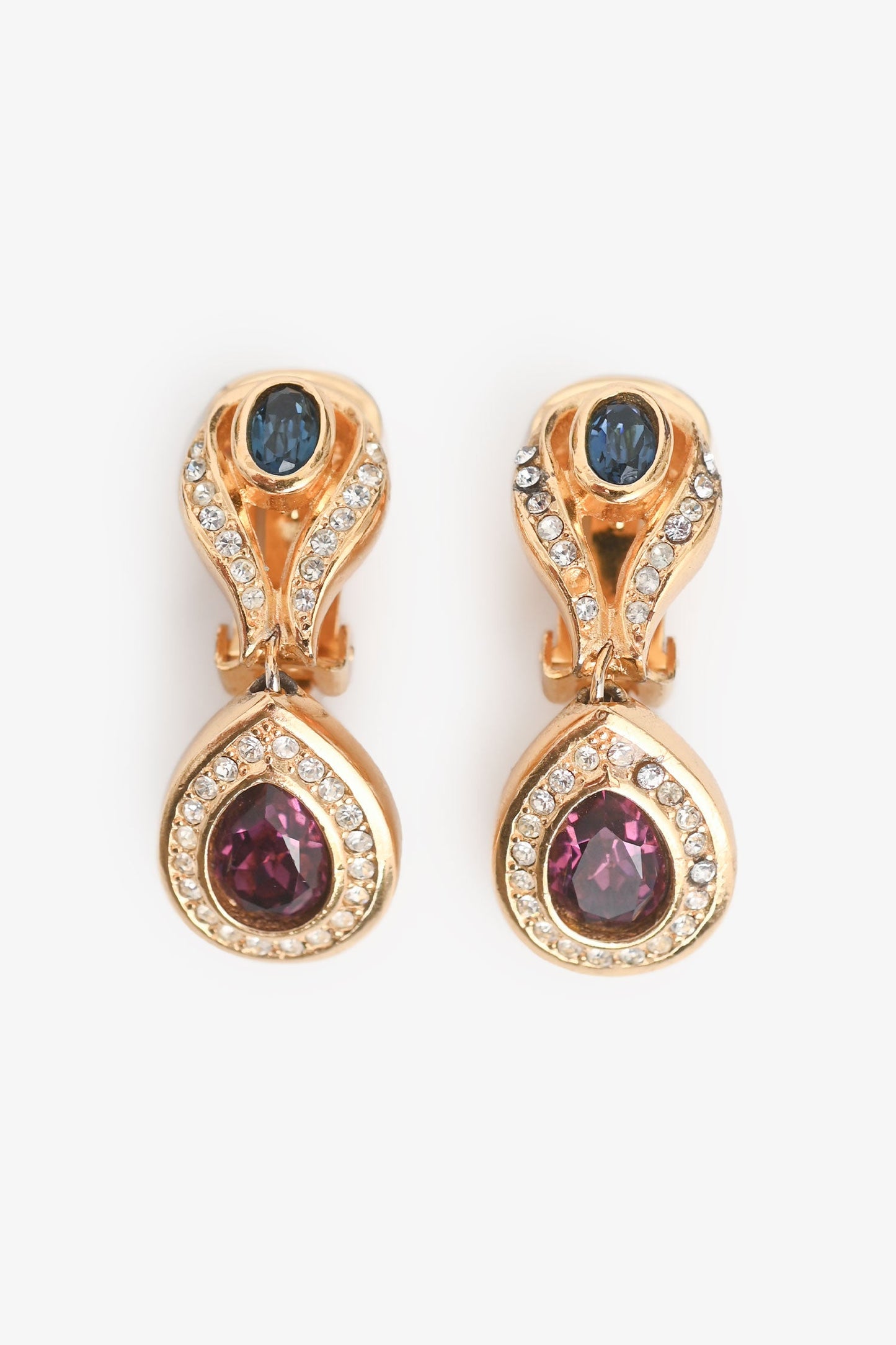 Christian Dior Vintage Gold Tone Crystal Studded Ear Pendants