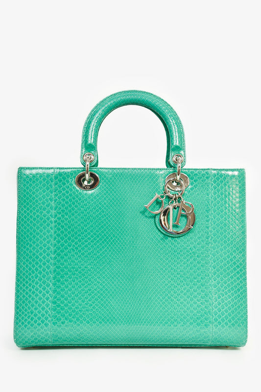 Christian Dior 2014 Teal Patent Python Large Lady Dior Top Handle with Strap