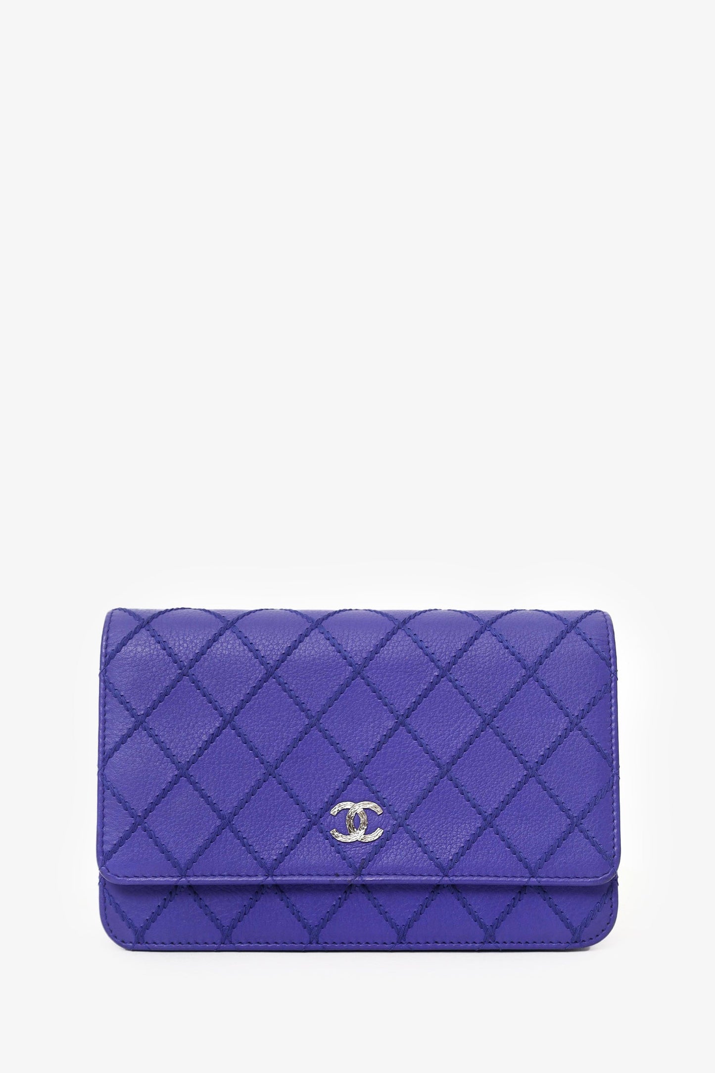 Chanel™ 2014 Blue Double Stitch Fancy CC Wallet On Chain