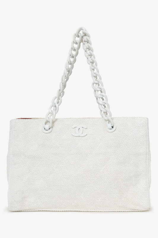 Chanel™ 2000-02 White Raffia Chain Beach Tote With Pouches