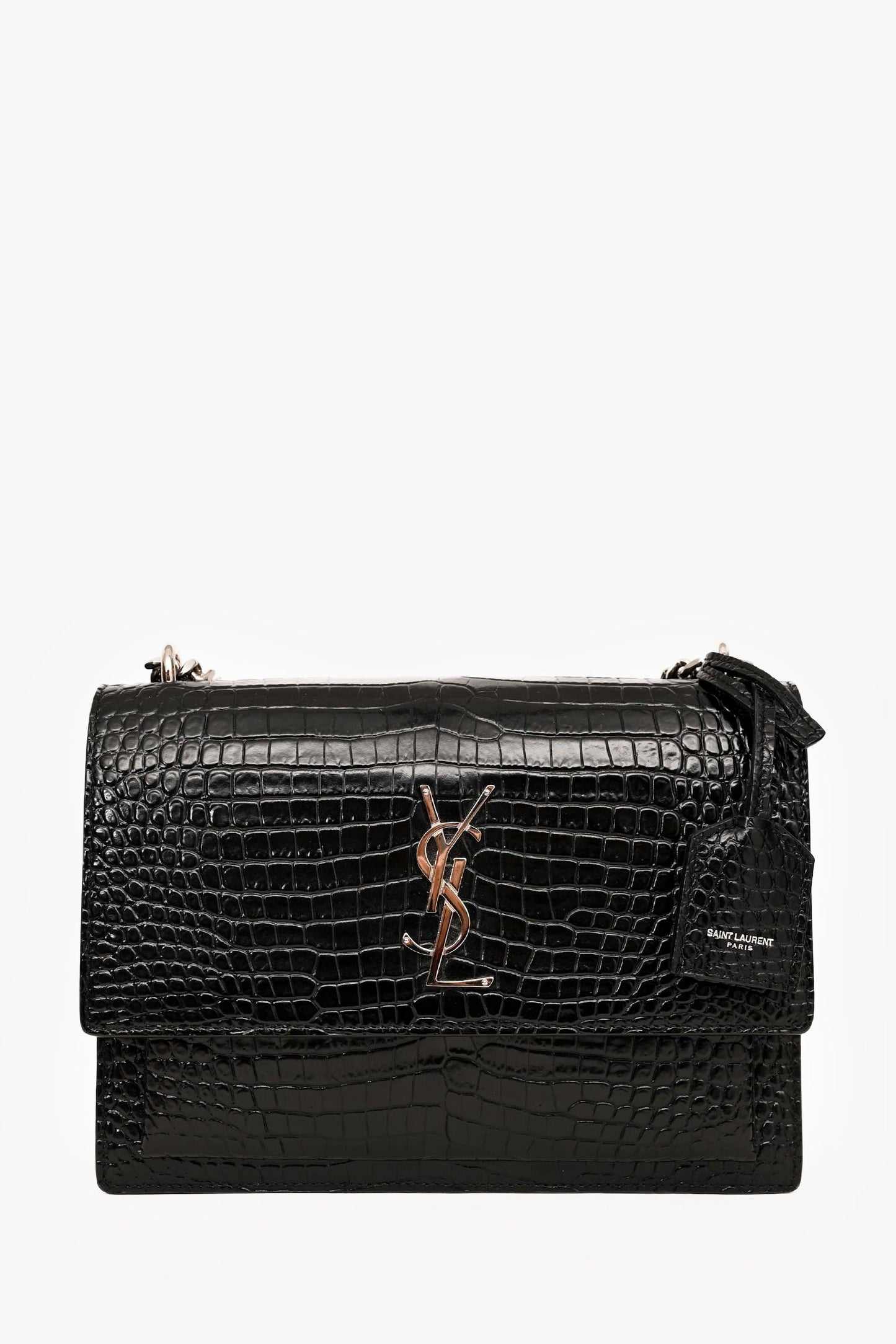 Saint Laurent Black Shiny Croc Embossed Sunset Crossbody SHW