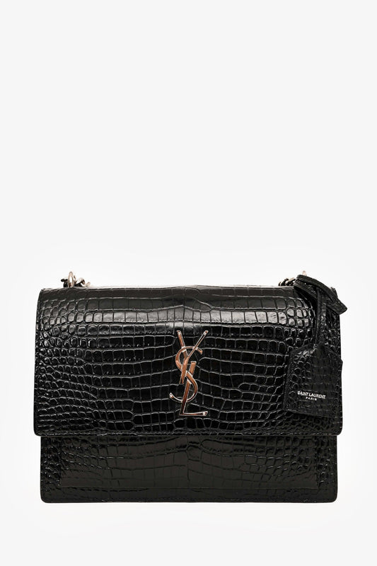 Saint Laurent Black Shiny Croc Embossed Sunset Crossbody SHW