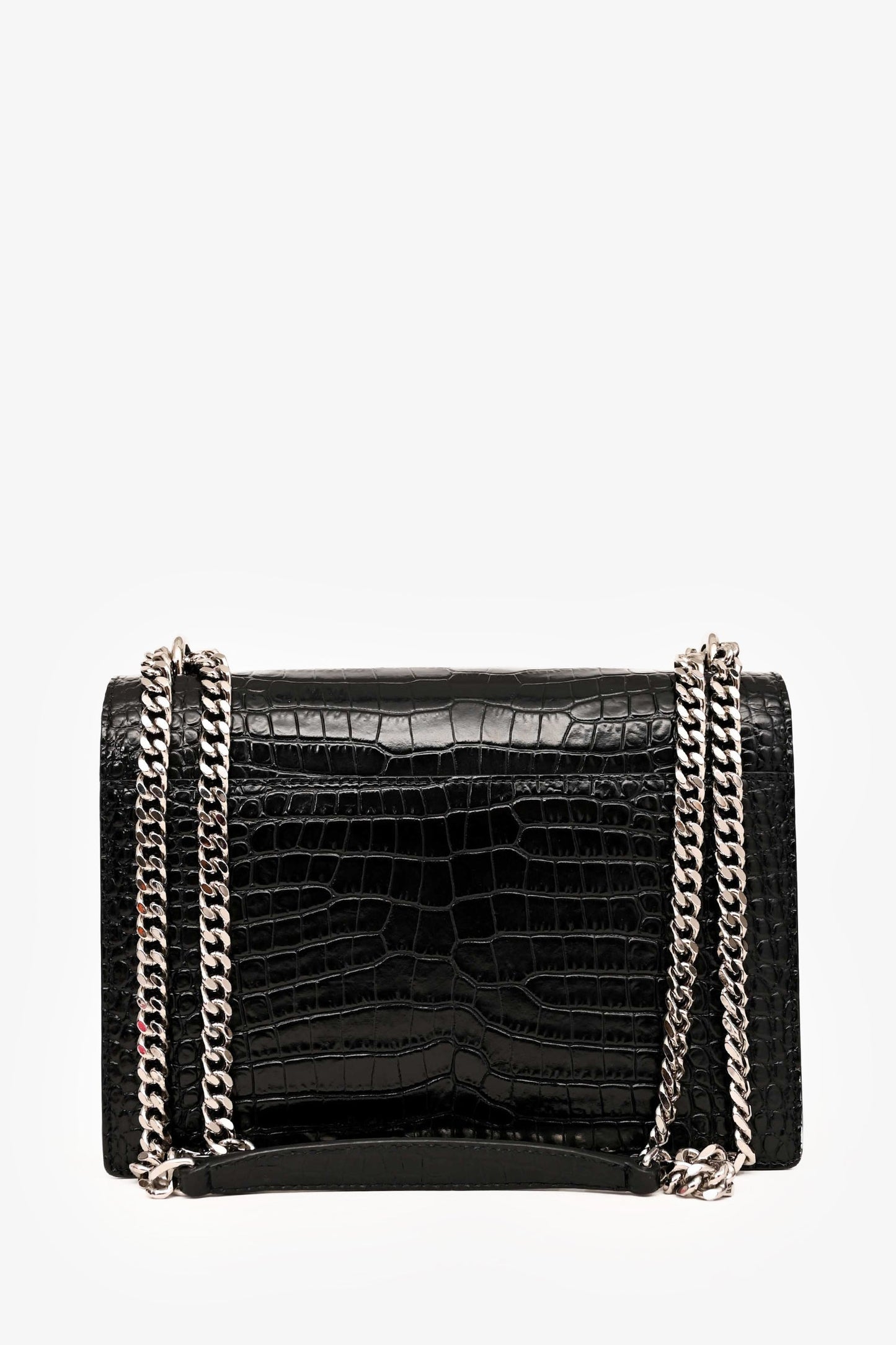 Saint Laurent Black Shiny Croc Embossed Sunset Crossbody SHW