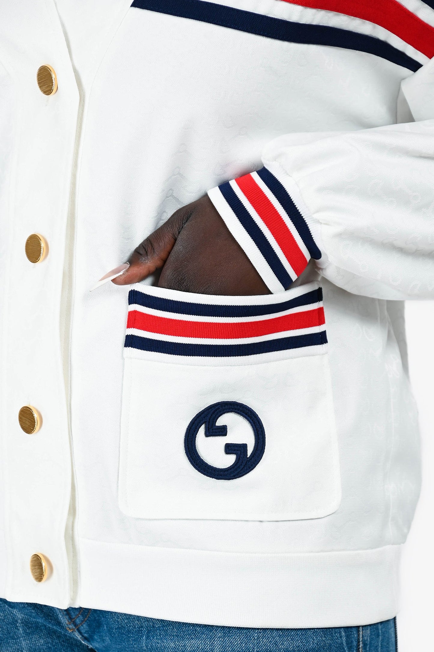 Gucci White Patterned Jersey Navy/Red Striped Varsity Jacket Size L