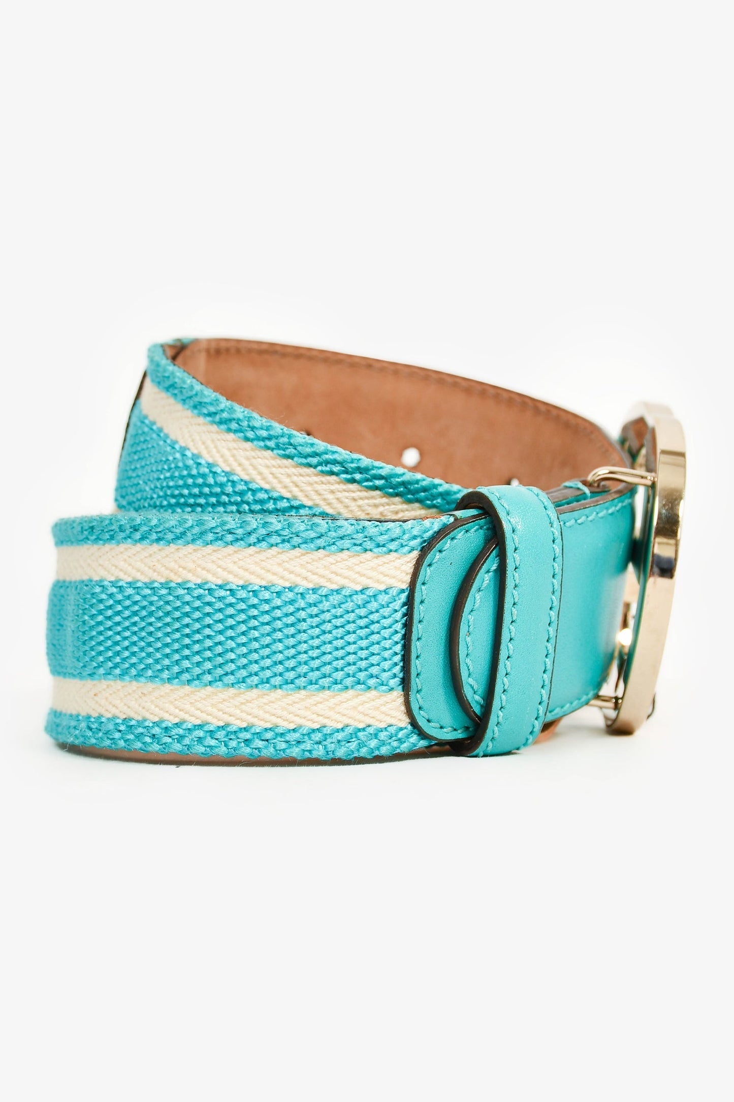 Gucci Blue/White Striped Canvas Gold GG Belt Size 35/34 (As Is)