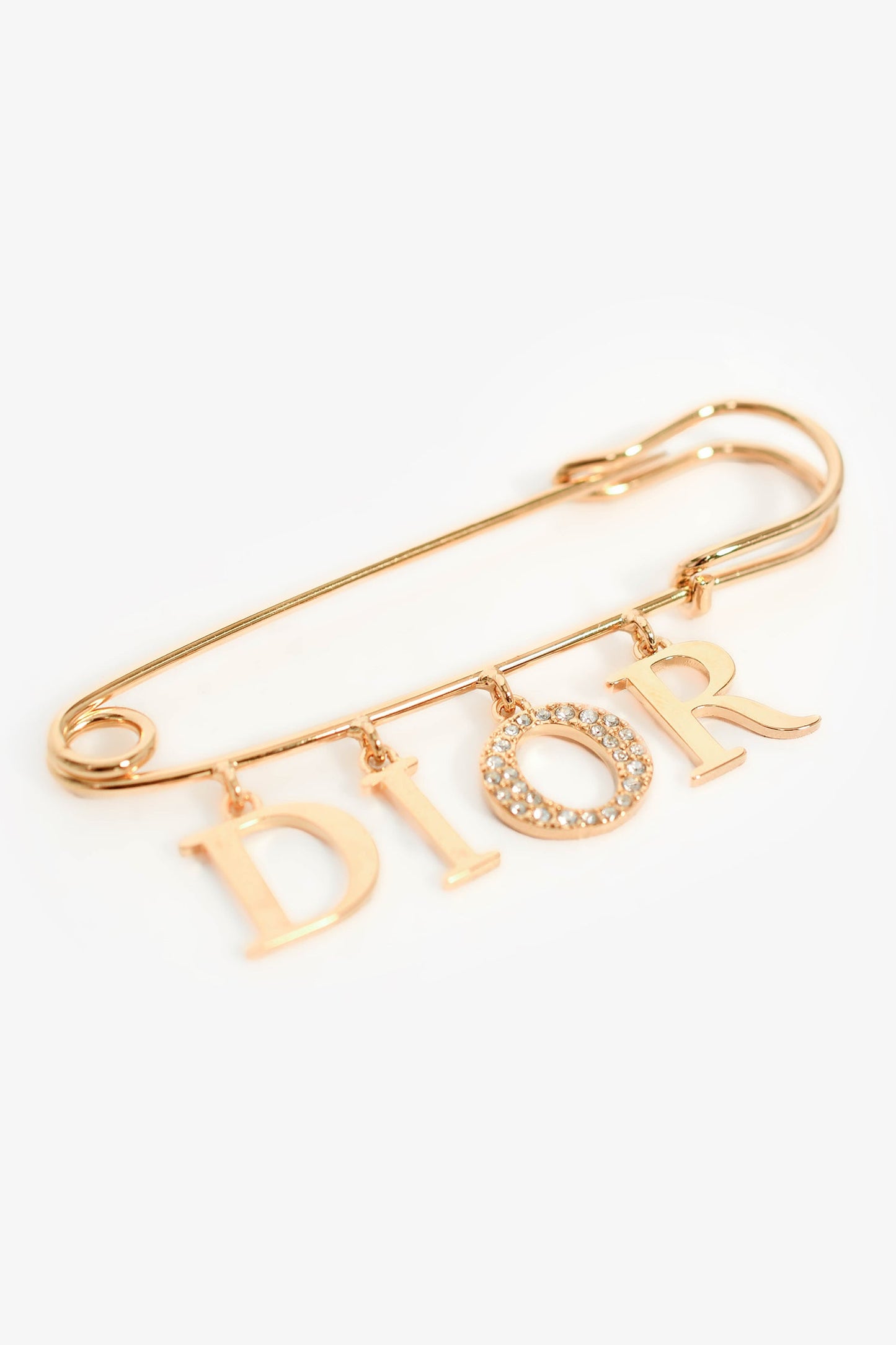 Christian Dior Gold Toned Metal Crystal Embellished 'DIOR' Safety Pin Charm